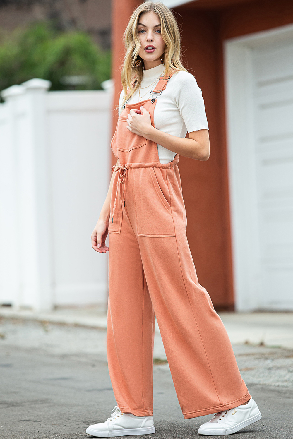Rose Tan Solid Self Tied Straps Pleated Wide Leg Jumpsuit