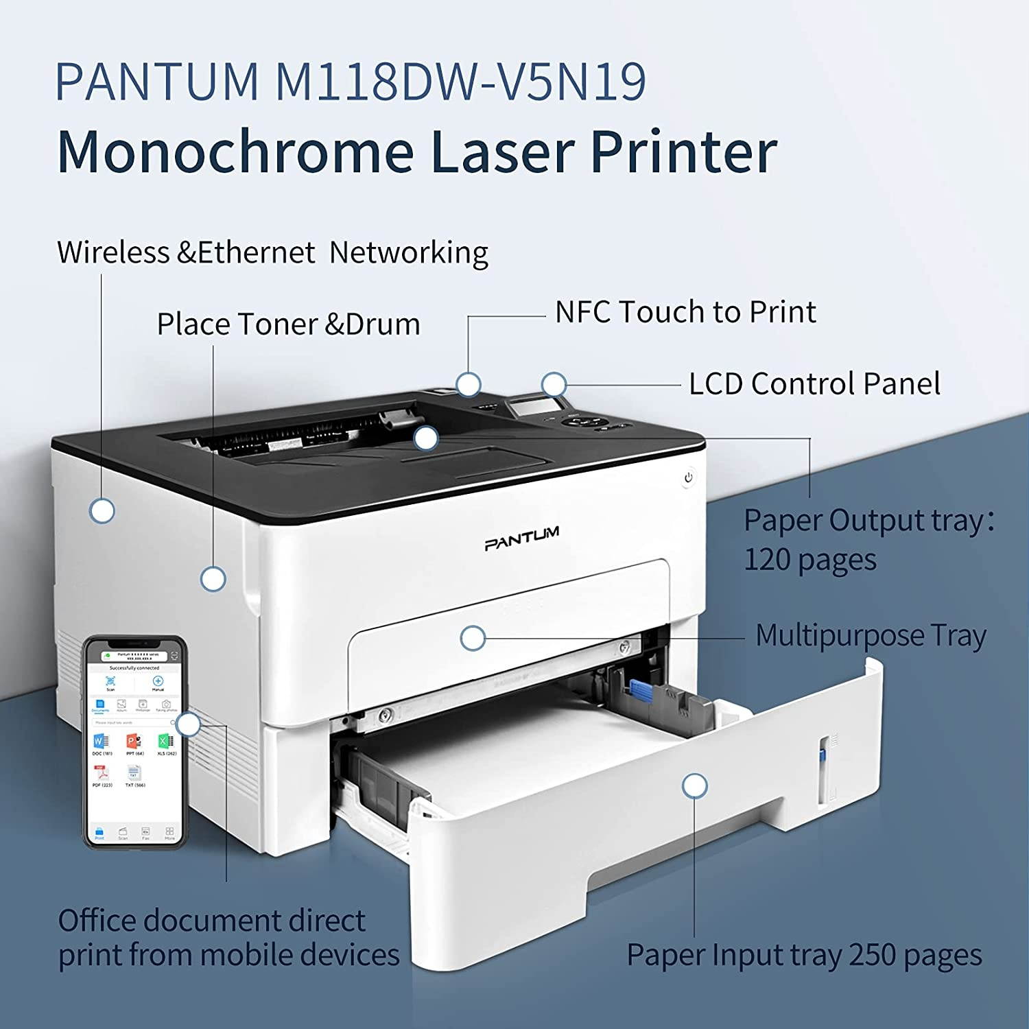 Pantum Compact Monochrome Laser Printer, Wireless Printing, Duplex Two-Sided Printing, M118DW