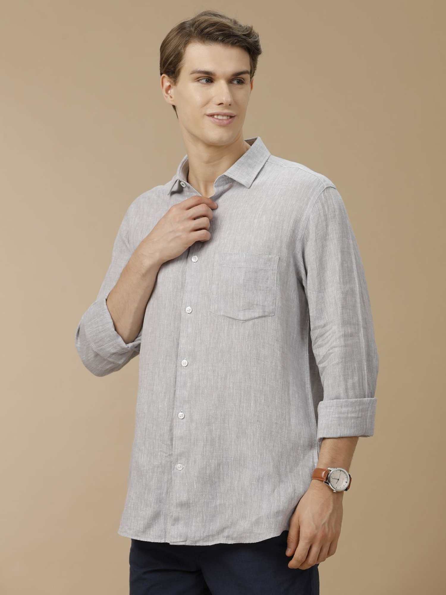 Linen Club Grey Linen Contemporary Fit Texture Shirt