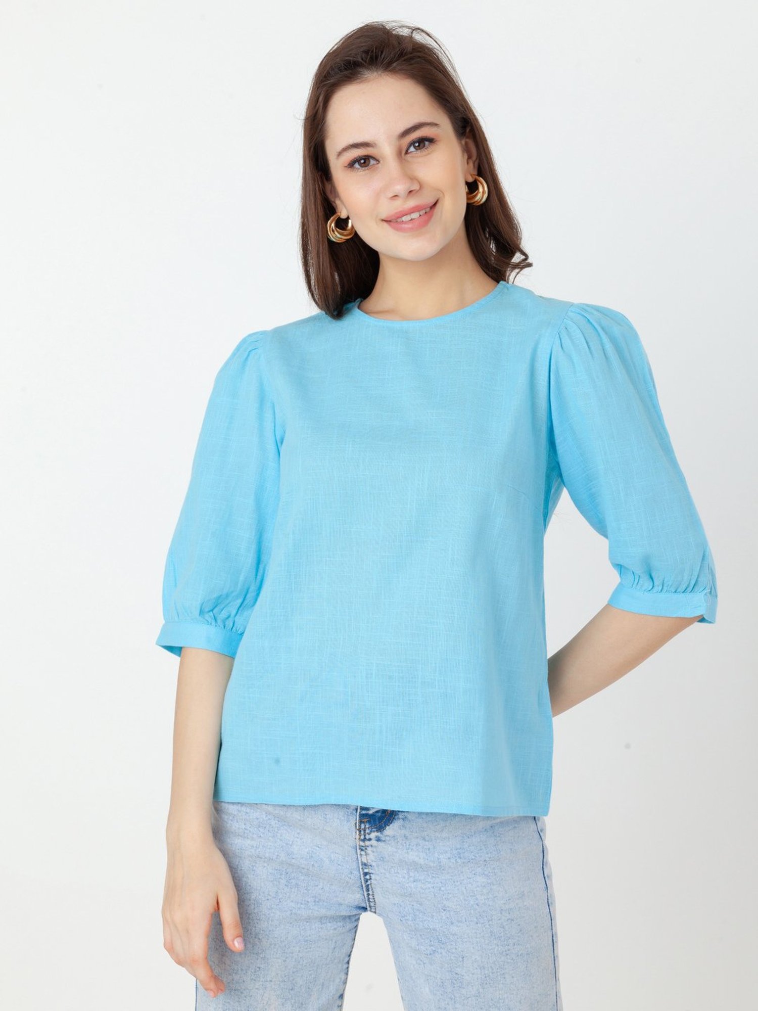Zink London Sky Blue Cotton Regular Fit Top