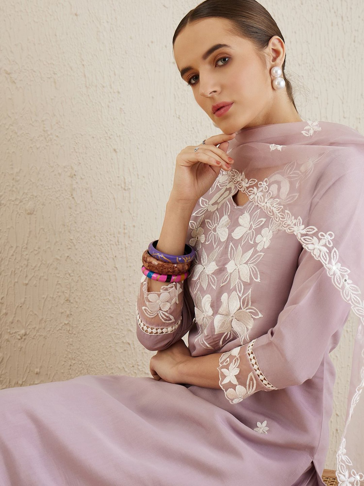 Indo Era Purple Embroidered Kurta Pant Set With Dupatta