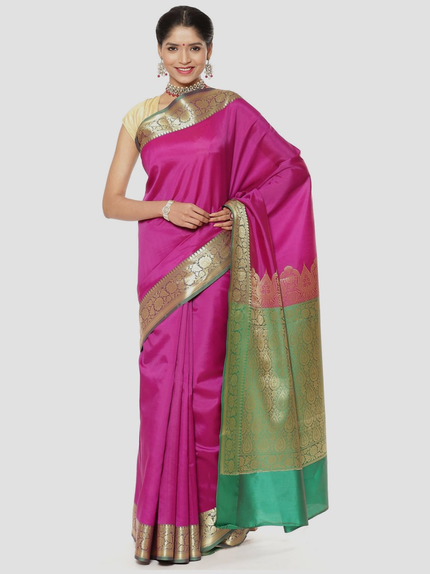 Banarasi Silk Works Pink Woven Saree With Unstitched Blouse
