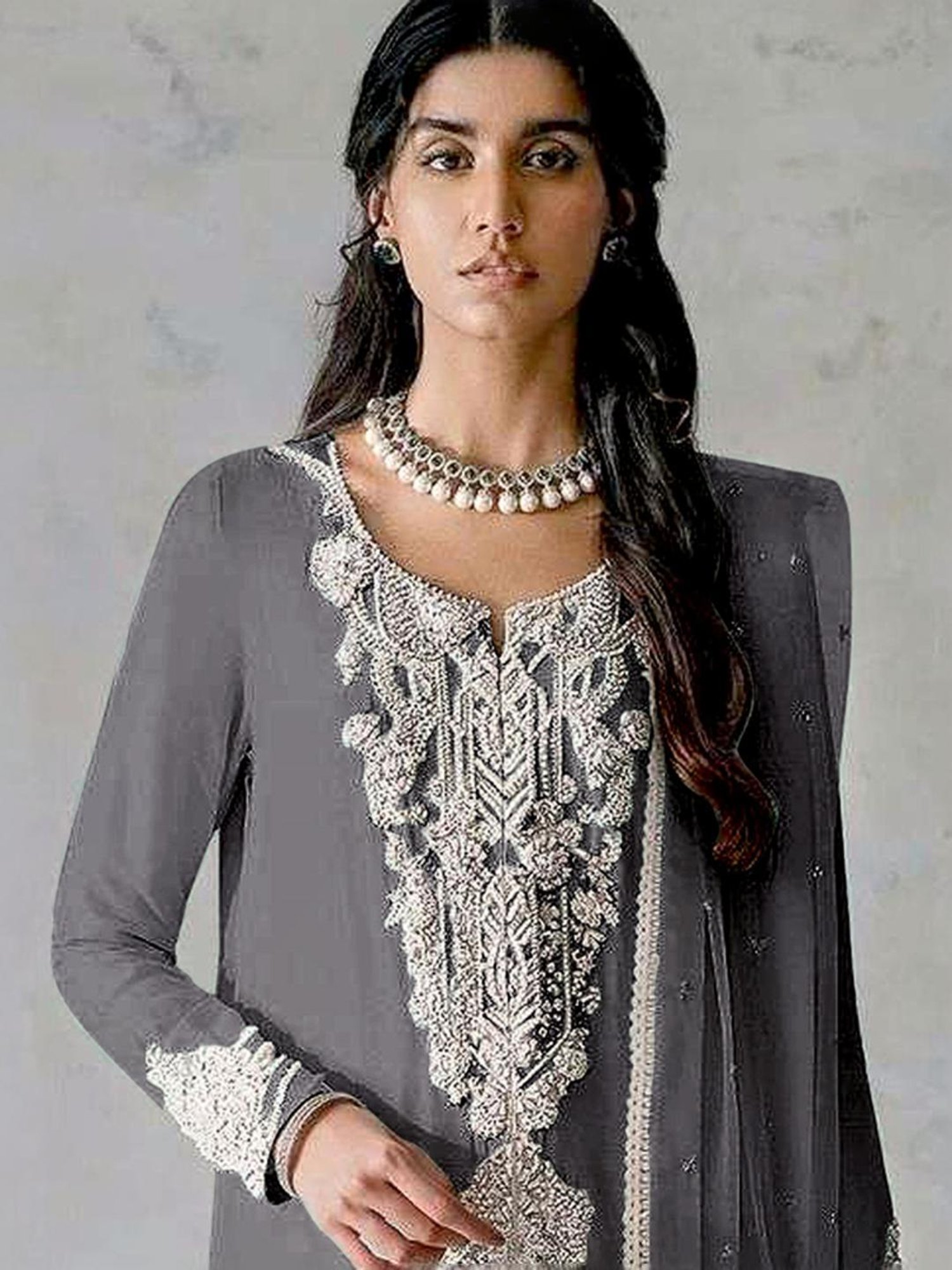 Odette Grey Embroidered Unstitched Dress Material