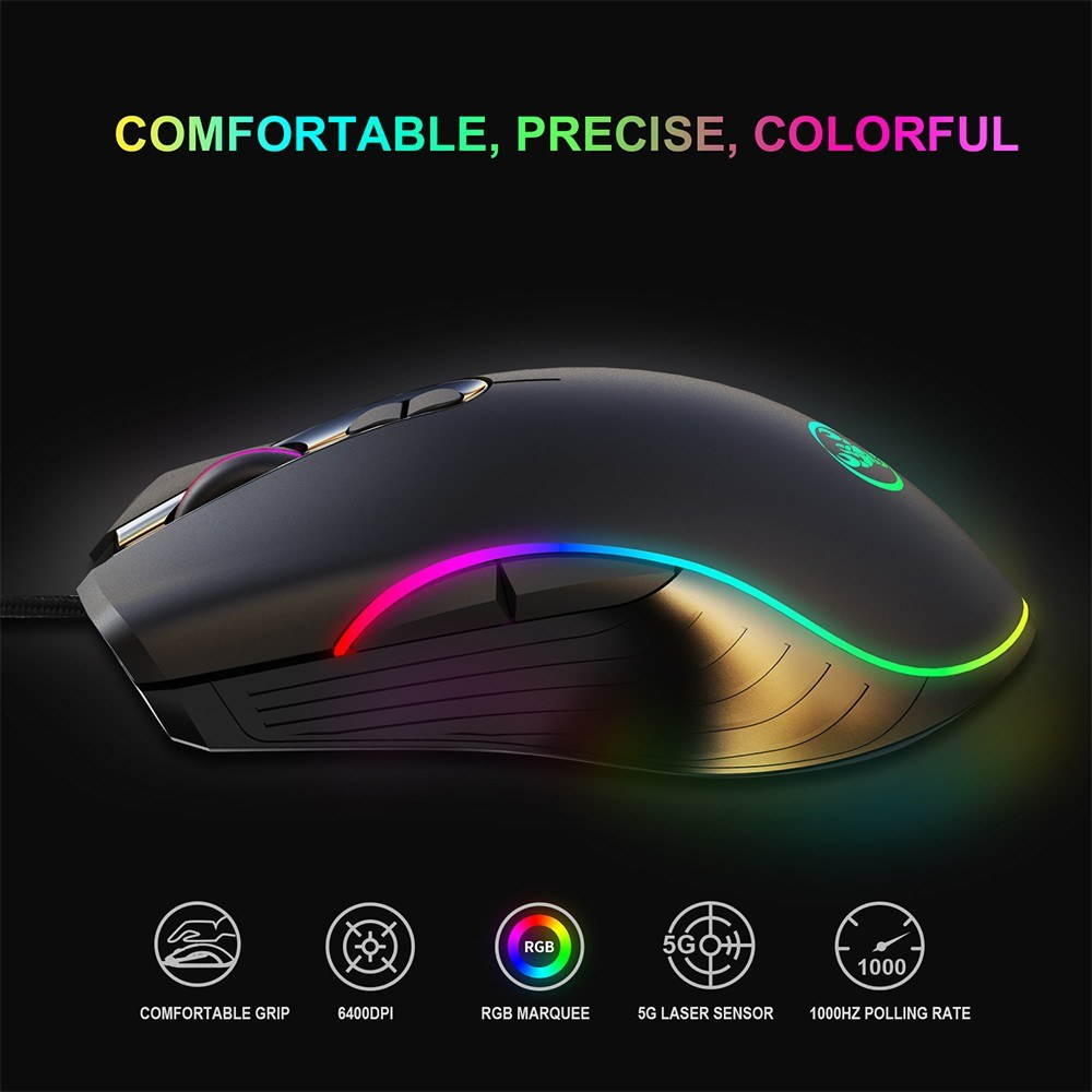 HXSJ Wired Gaming Mouse DPI6400 Optical Mice RGB Backlit Office Mouse 7 Buttons Ergonomic Design