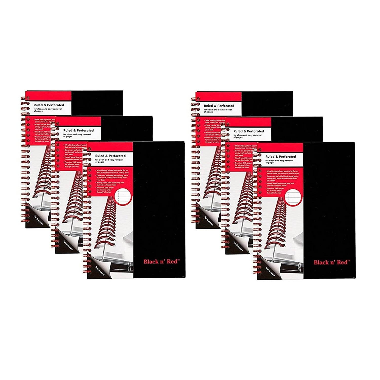 Black n Red Twin Spiral Hardcover Notebook, Medium, Black/Red, 70 Ruled Sheets, Pack of 6 (L67000)
