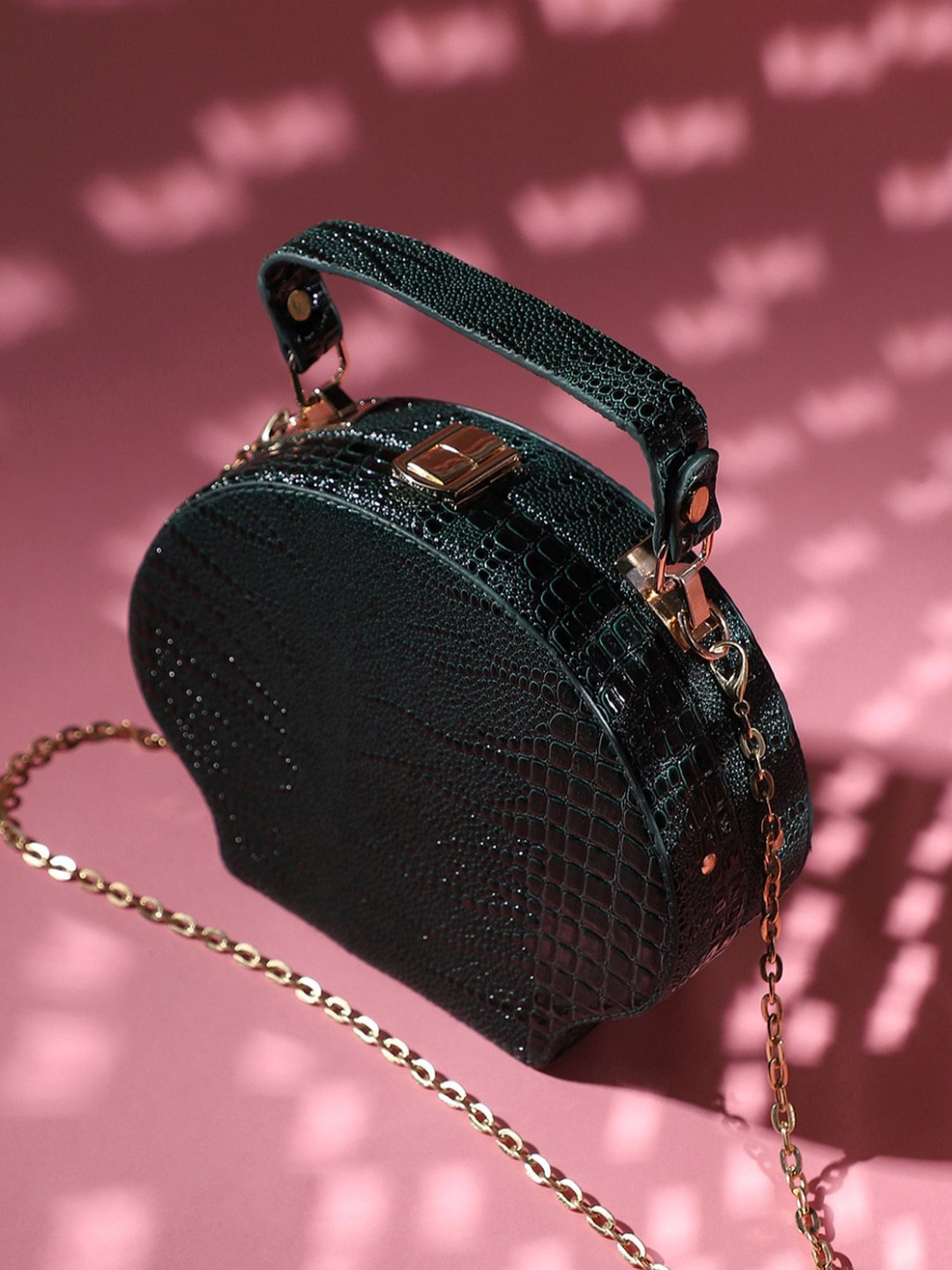 HauteSauce Dark Green Croc Textured Medium Leather Handheld Handbag