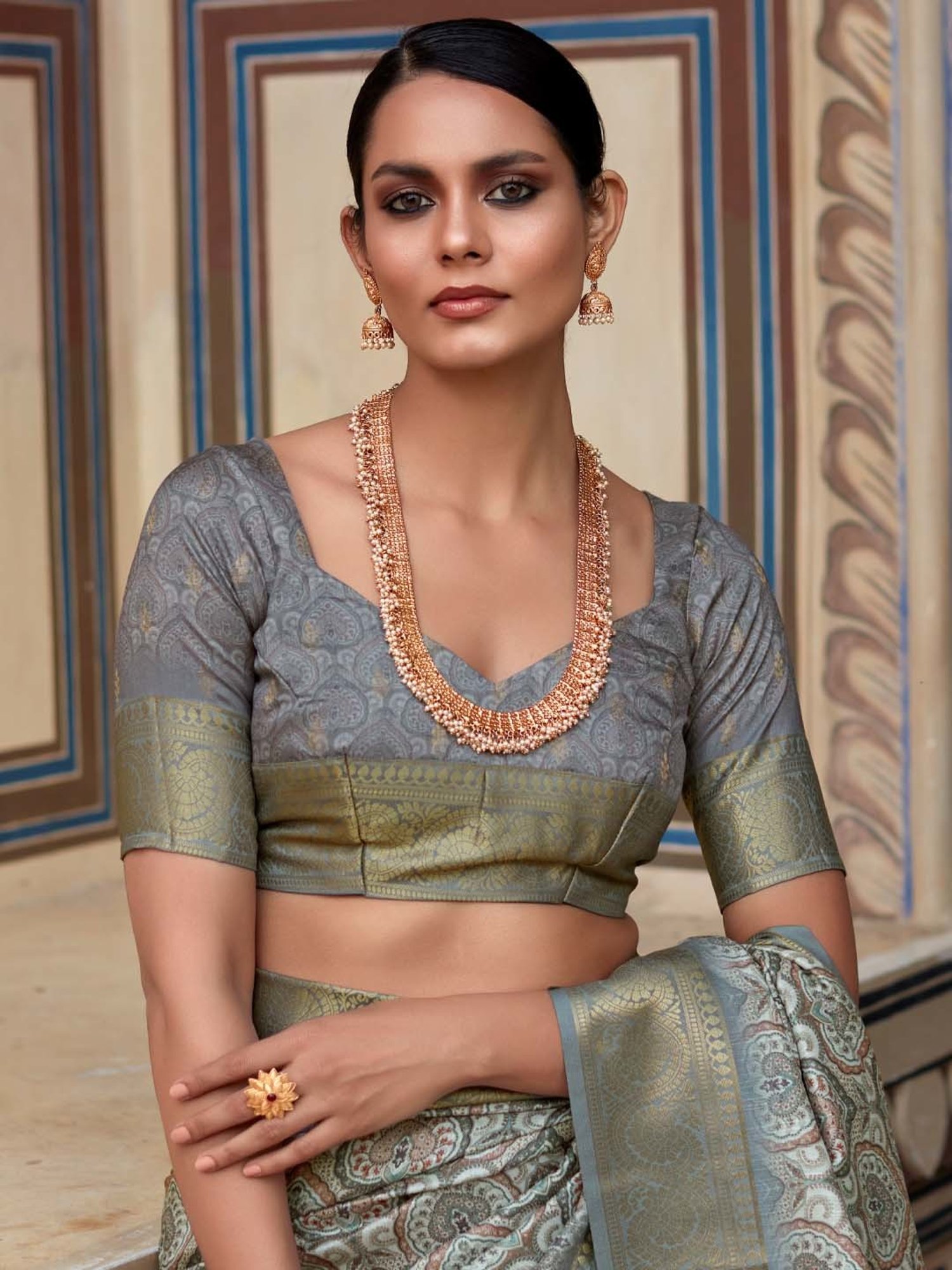 Saree Mall Grey Woven Saree With Unstitched Blouse