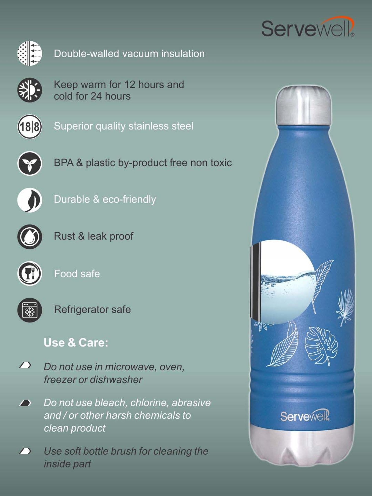 Servewell Indus Blue Stainless Steel Autumn Printed Vacuum Bottle (0.75 L)