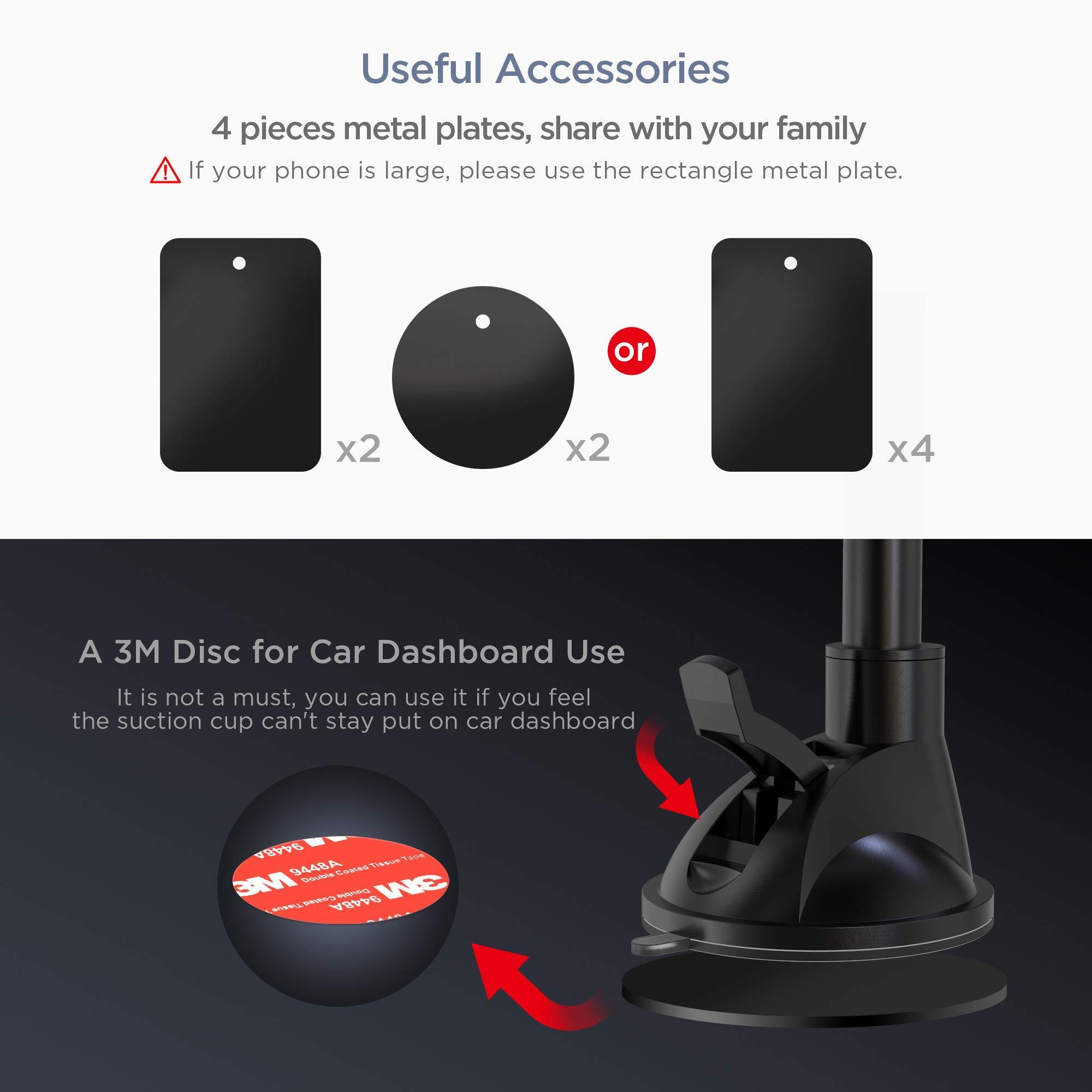 ipow long arm universal magnetic cradle windshield dashboard cell phone mount holder with 4 metal plates, soft firm goose arm a