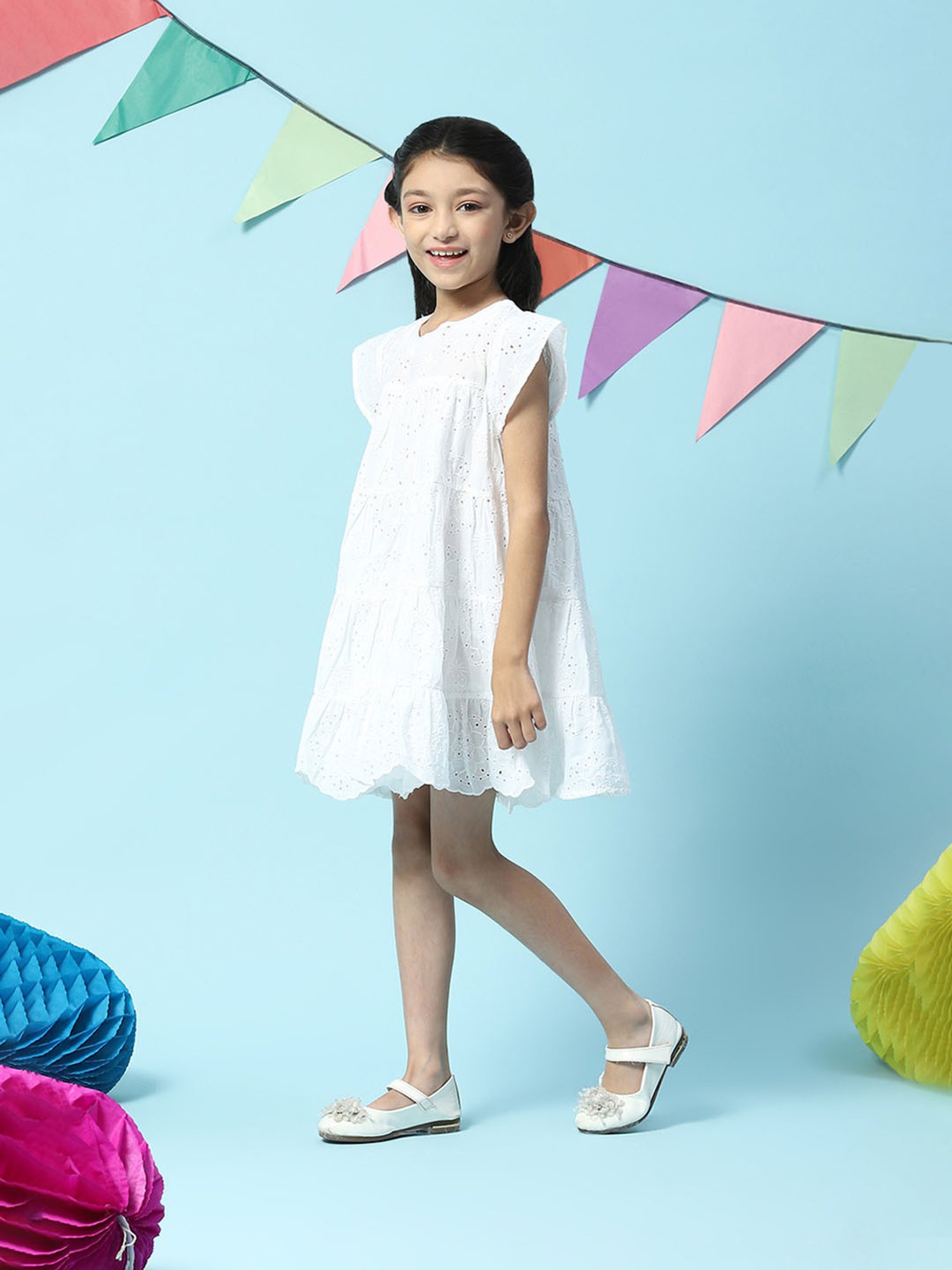 BIBA Girls White Self Design Dress