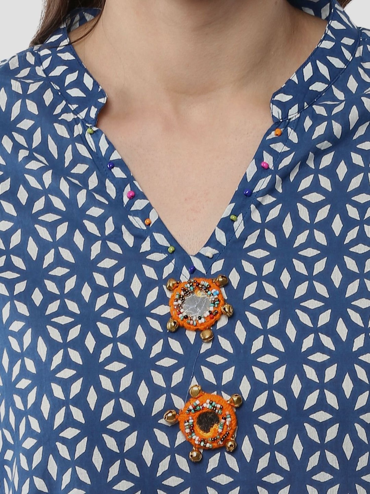 Sringam Blue Cotton Embellished A Line Kurta