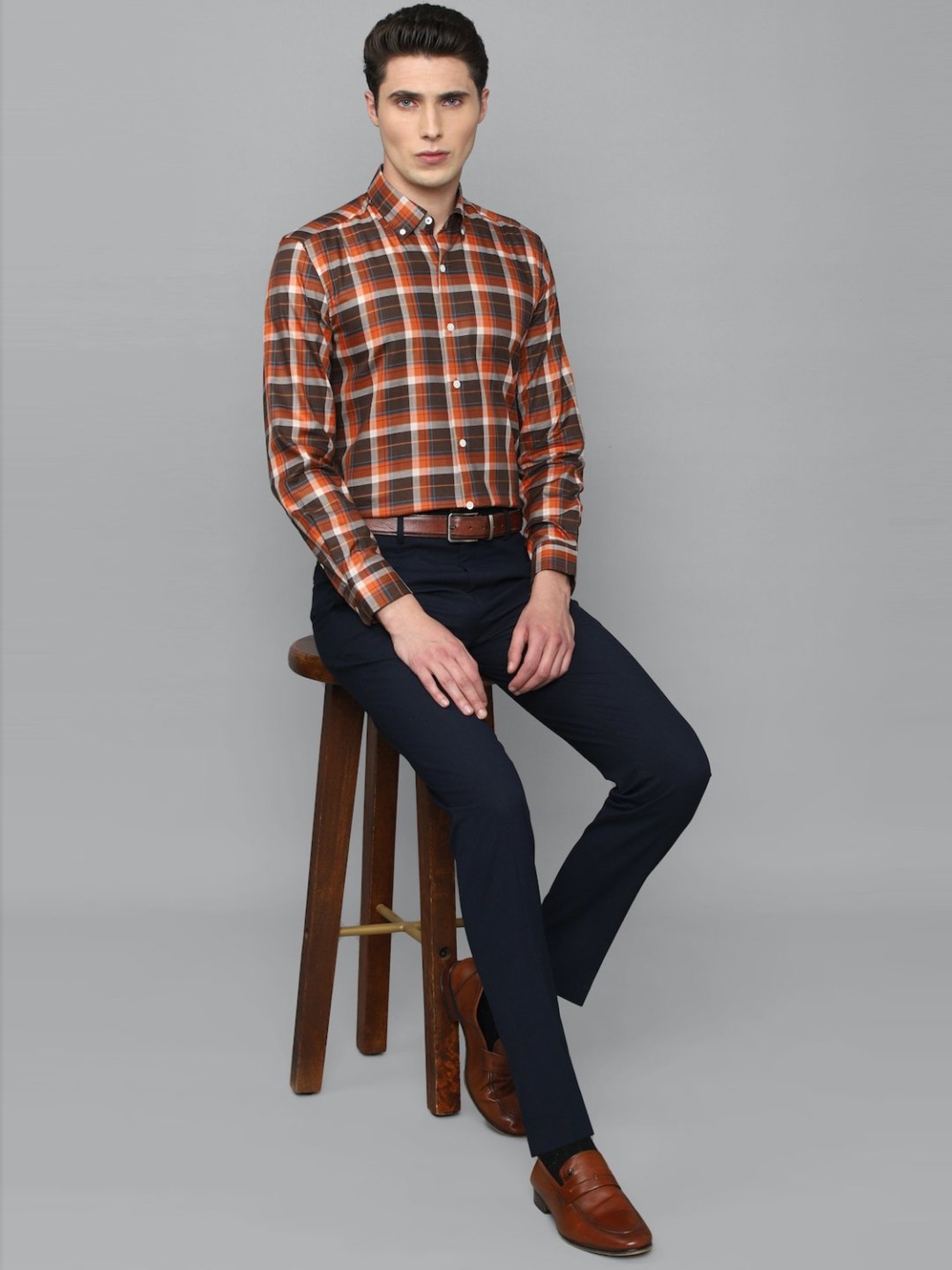 Luxure By Louis Philippe Orange & Brown Cotton Slim Fit Checks Shirt