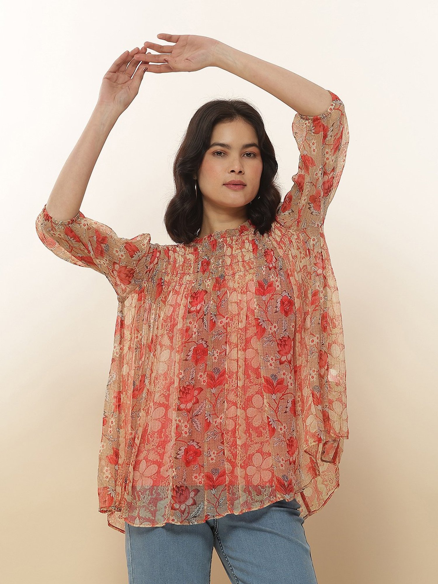 Label Ritu Kumar Red Floral Print Top With Inner