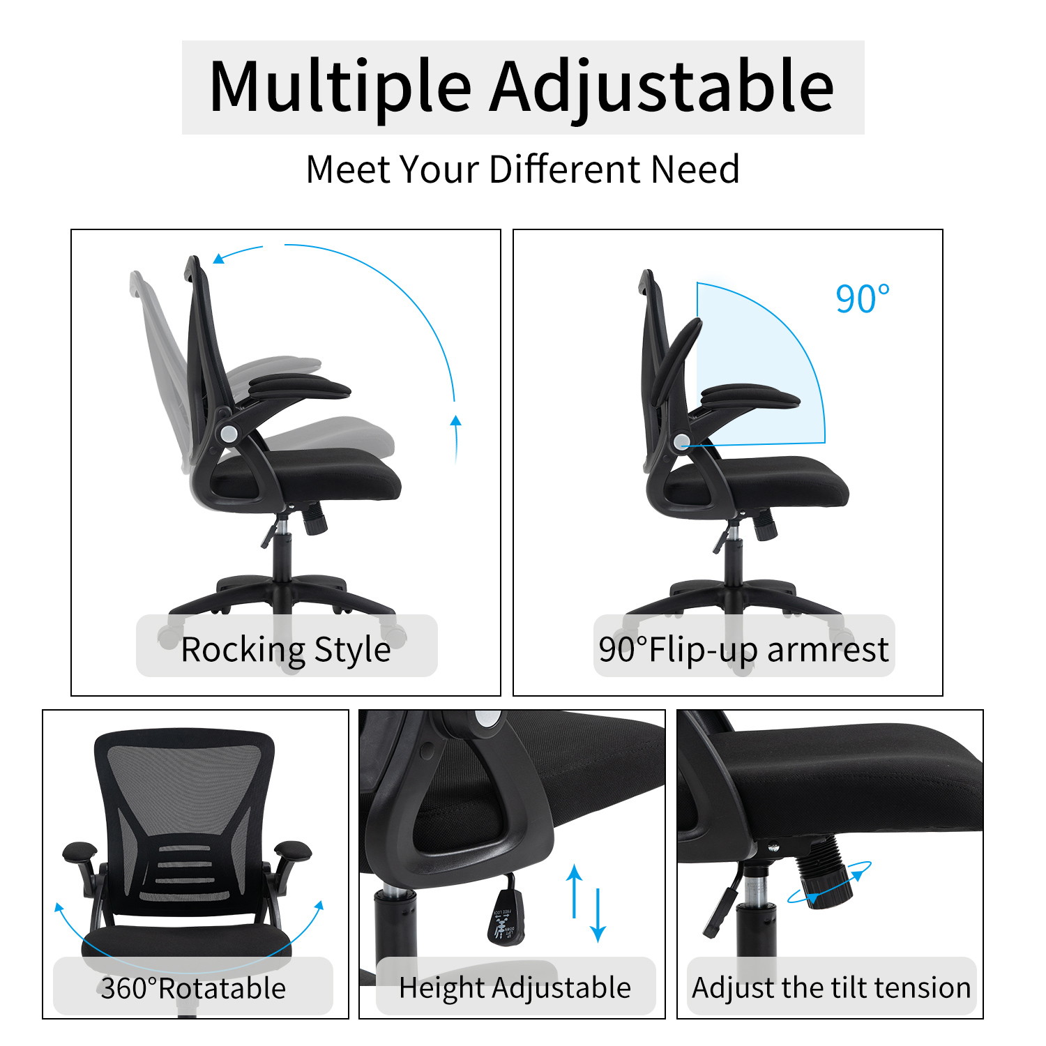 Ergonomic Office Chair, Home Office Desk Chairs, Mid-back Computer Mesh Chair with Lumbar Support and Flip-up Arms, Swivel Task Chair