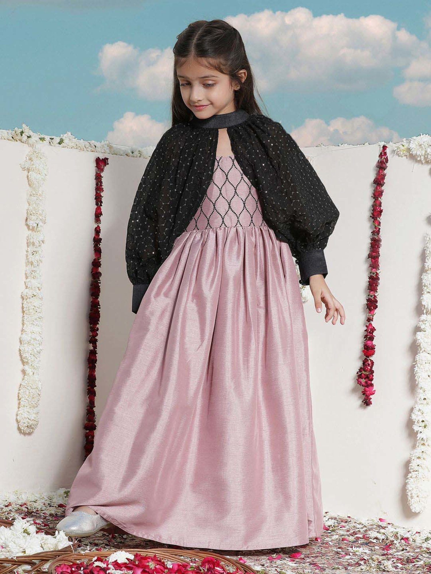 VASTRAMAY Girls Pink & Black Embroidery Full Sleeves Dresses
