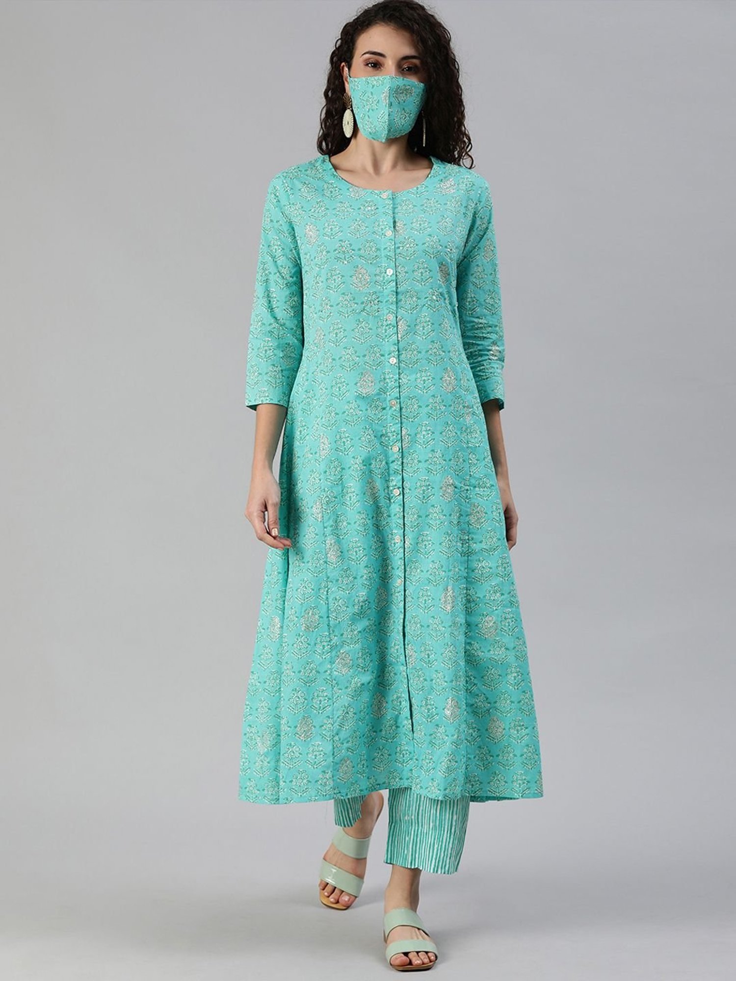 Ishin Blue Cotton Printed Kurta Pant Set With Mask