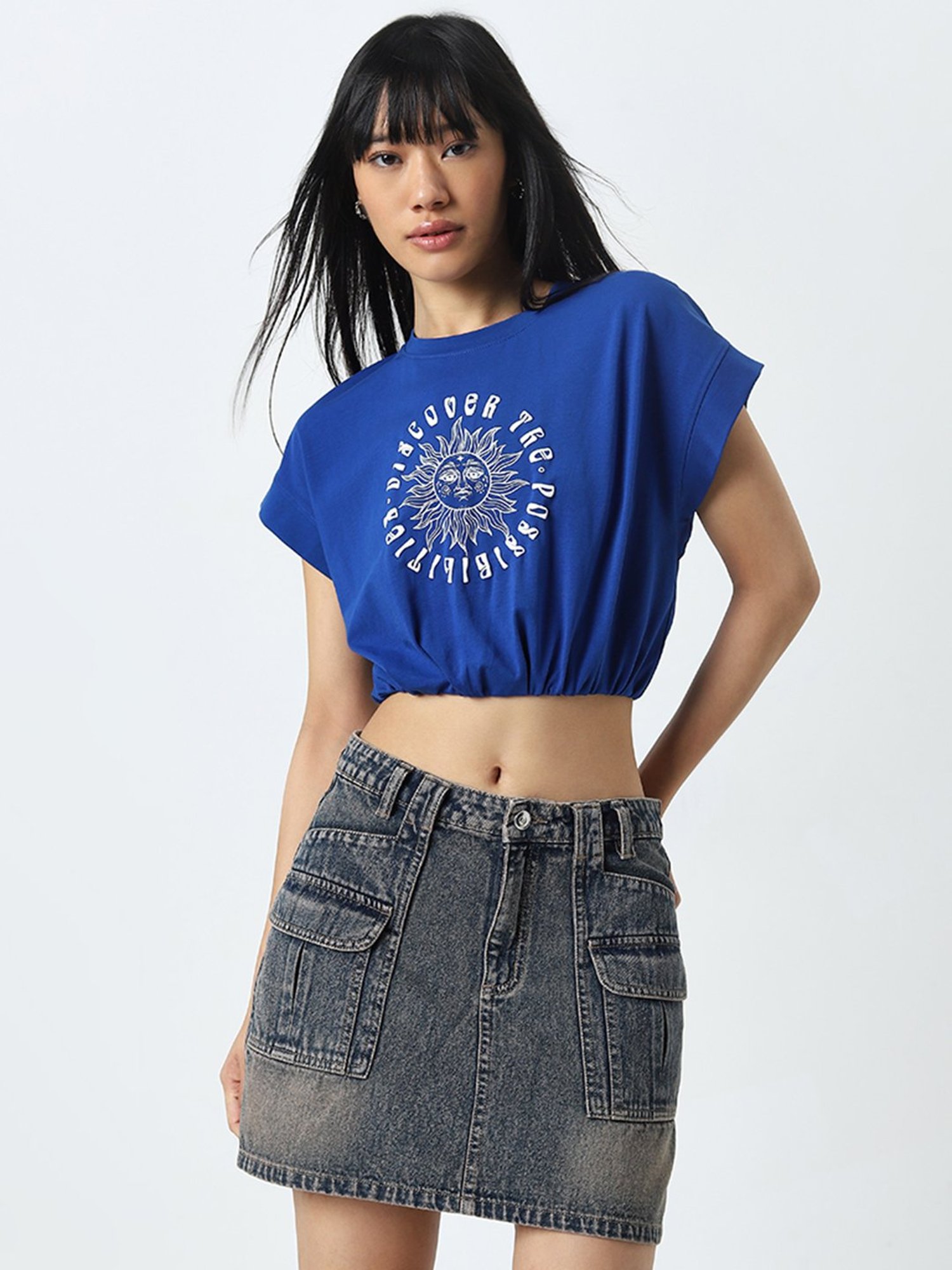 Nuon by Westside Blue Sun Printed Cotton Blend Top