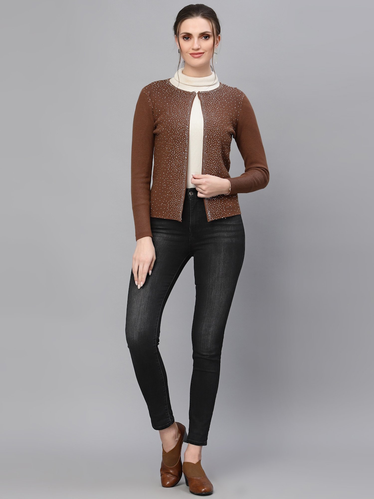Mafadeny Brown Embellished Shrug