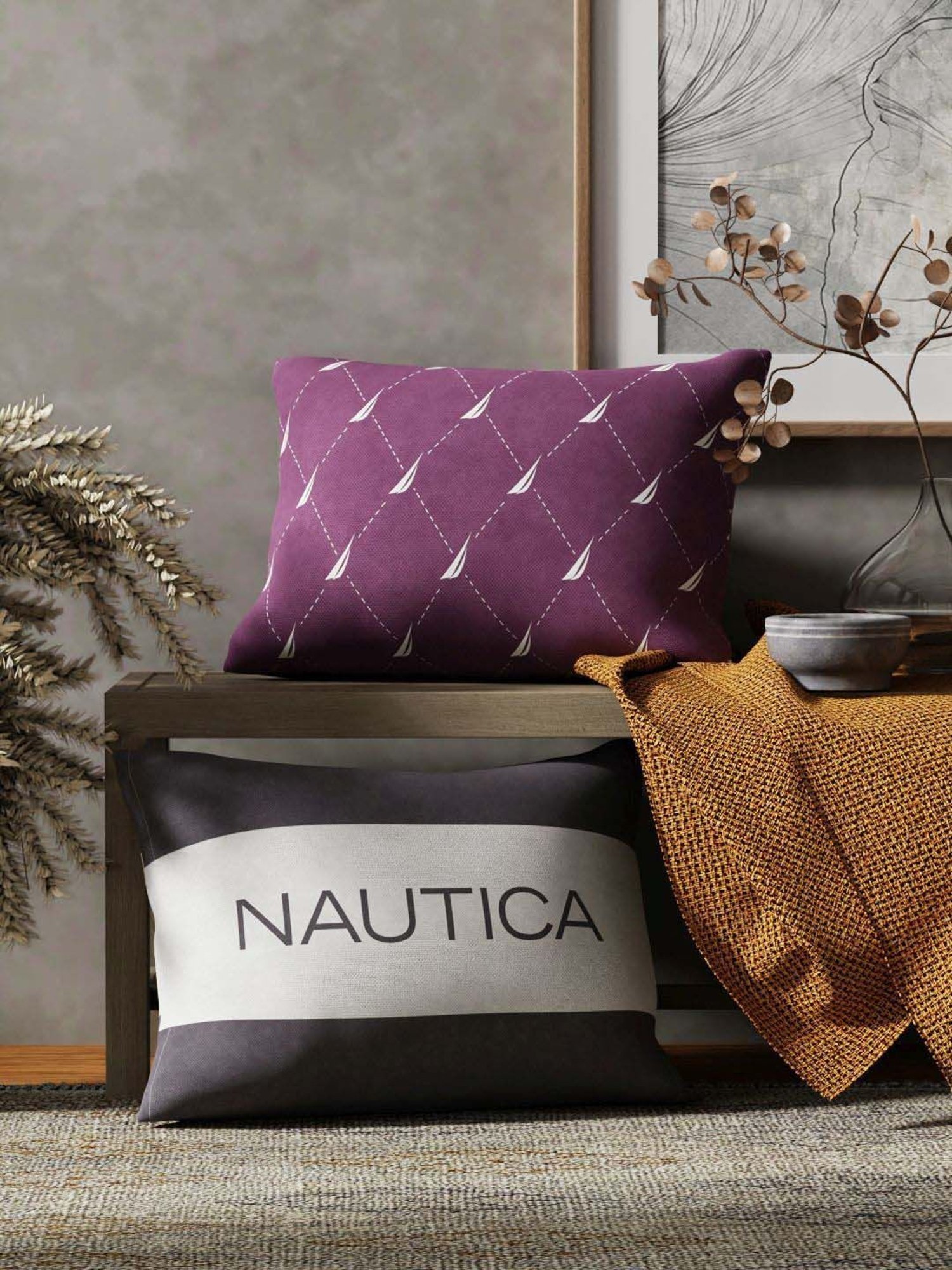 Nautica Logo Stripe Grape & Grey Microfibre 300 GSM Premium Cushion Covers - Set of 2