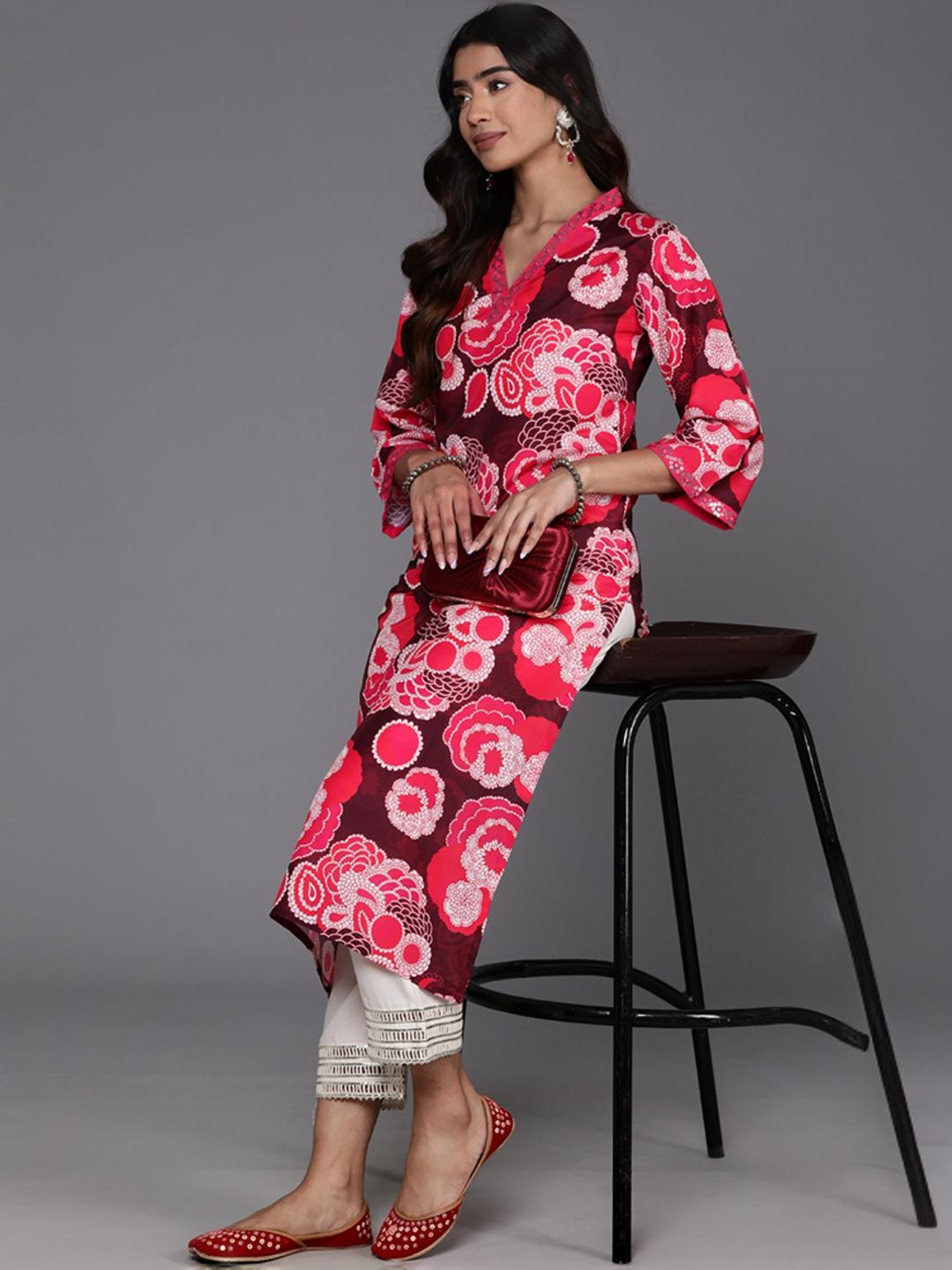 Varanga Maroon Cotton Printed Straight Kurta