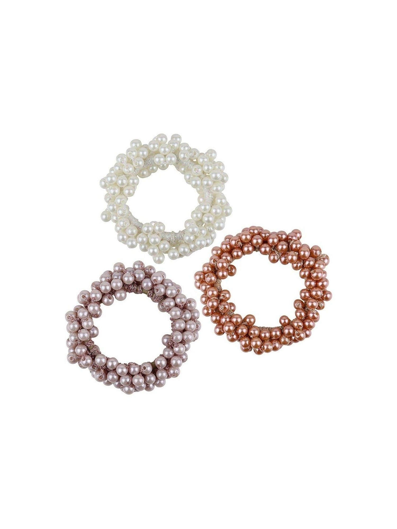 OOMPH Combo of 3 Pearls Gold Pink White Rubber Band Ponytail Holder Stylish Latest