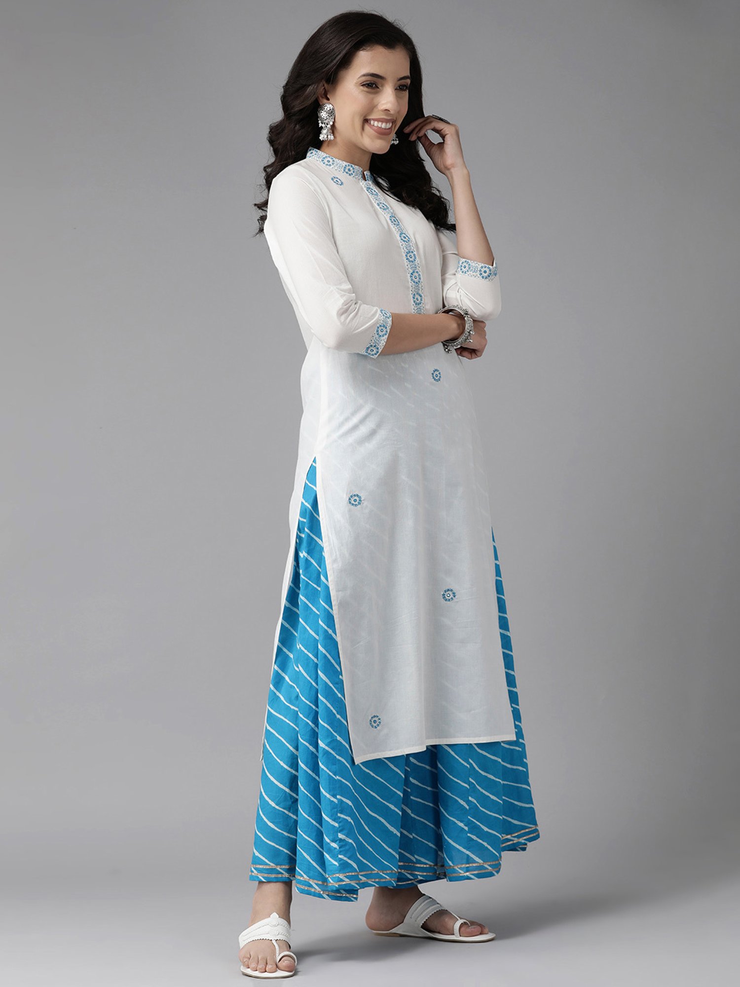 Prakrti White & Blue Cotton Embroidered Kurta & Palazzo Set