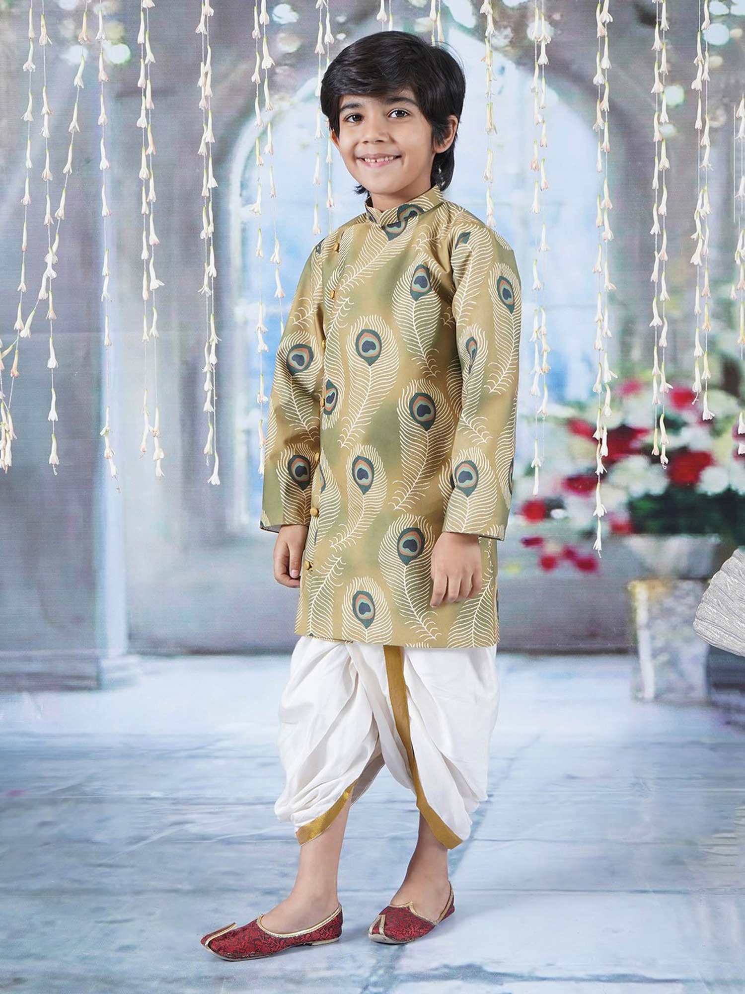 Little Bansi Kids Green & White Printed Kurta with Dhoti