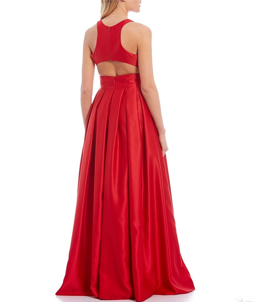 Morgan & Co. Sleeveless Racer-Back Pleated Satin Ball Gown