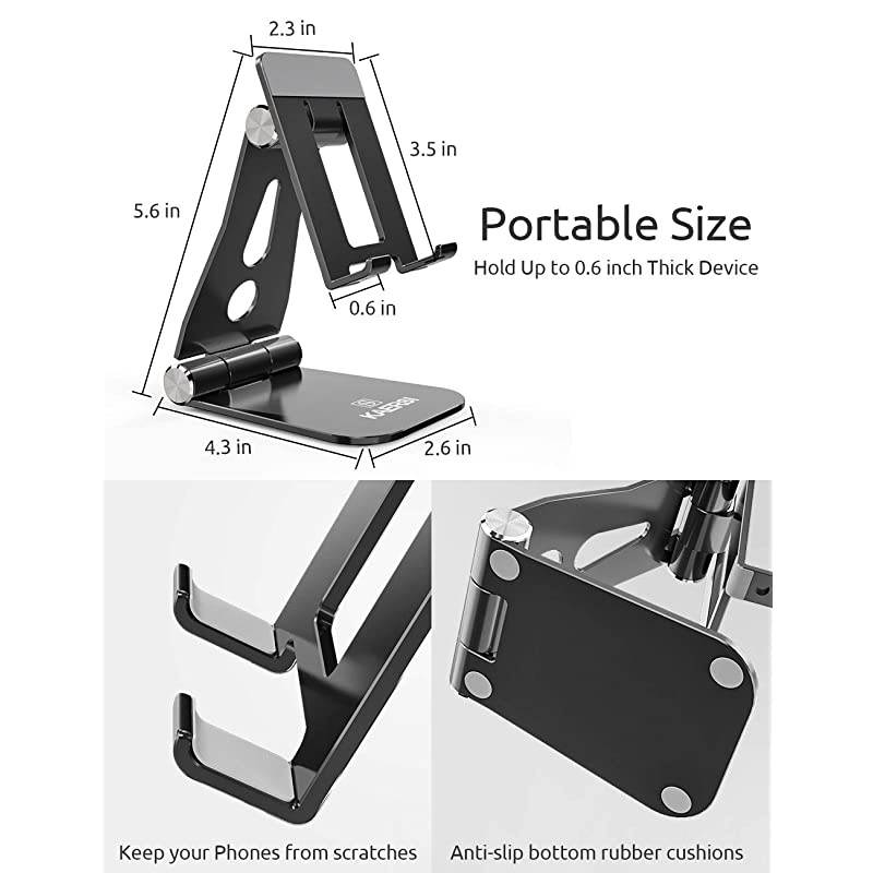 Cell Phone Stand 2 Hinge Adjustable Foldable Phone Stand Holder Cradle Dock for Desk Home Office Travel Compatible with Smartphone Android iPhone 11 Xs XR 8 7 Plus Tablet iPad Black