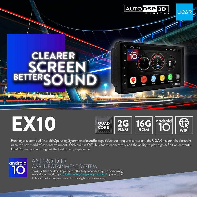 UGAR EX10-DSP 7" Android 10.0 Car Stereo 2GB 16GB with Front & Rear View Camera Head Unit Bluetooth WiFi Double Din Radio Car Audio Indash GPS Navigation Touch Screen