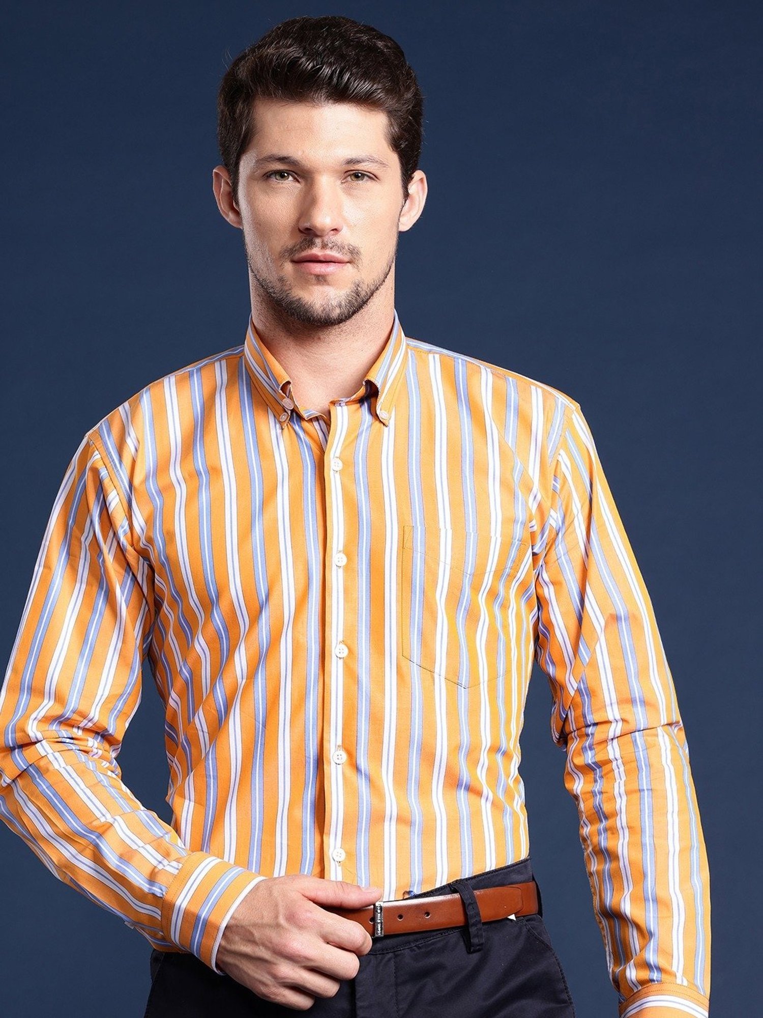 Hancock Yellow Cotton Slim Fit Stripes Shirts