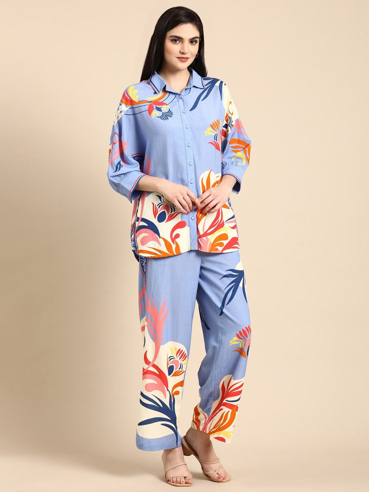 Zolo Label Blue Floral Print Shirt Pant Set