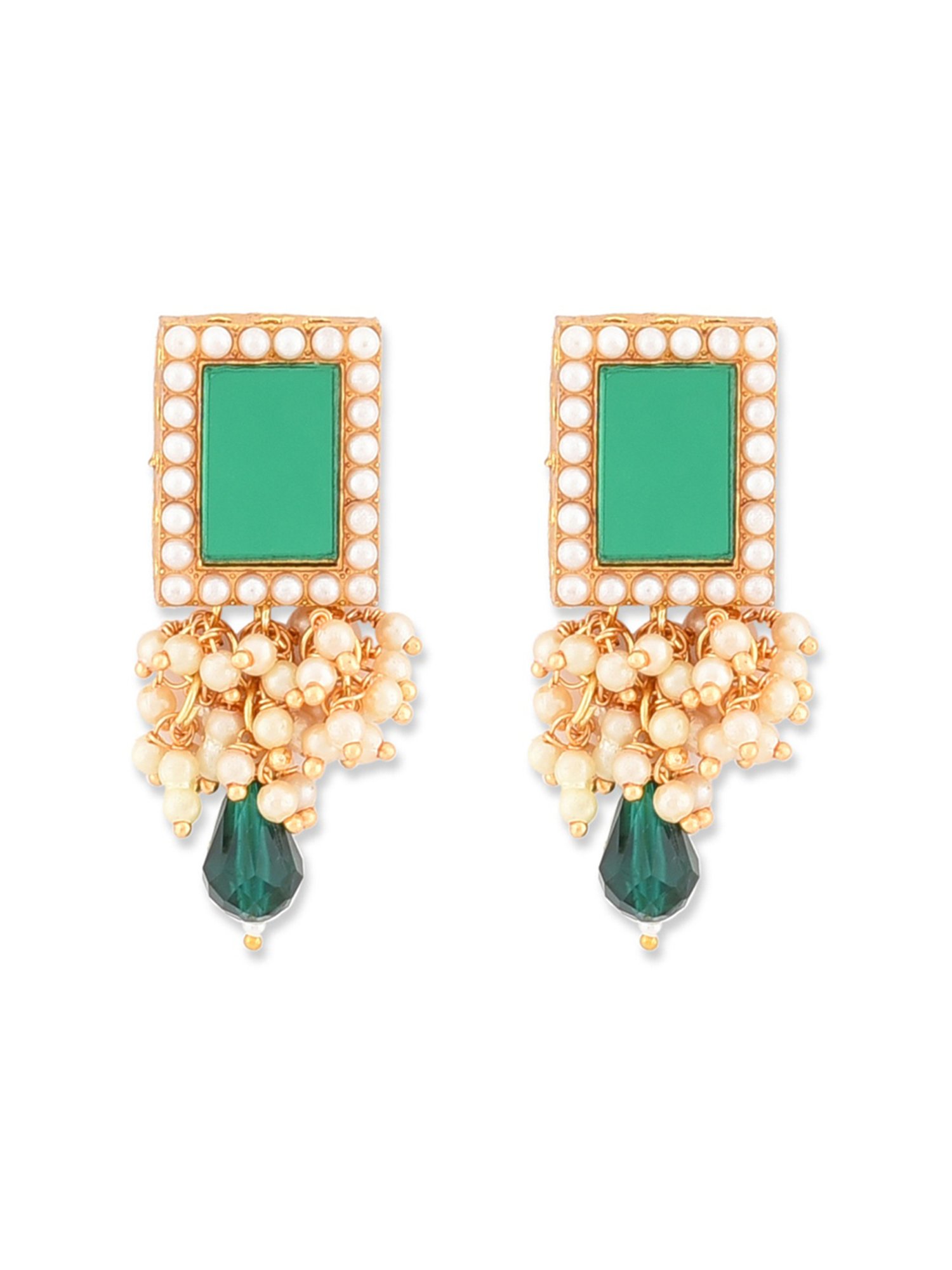 Zaveri Pearls Green Mirror & Cluster Pearls Necklace, Earring, Maangtikka & Ring Set