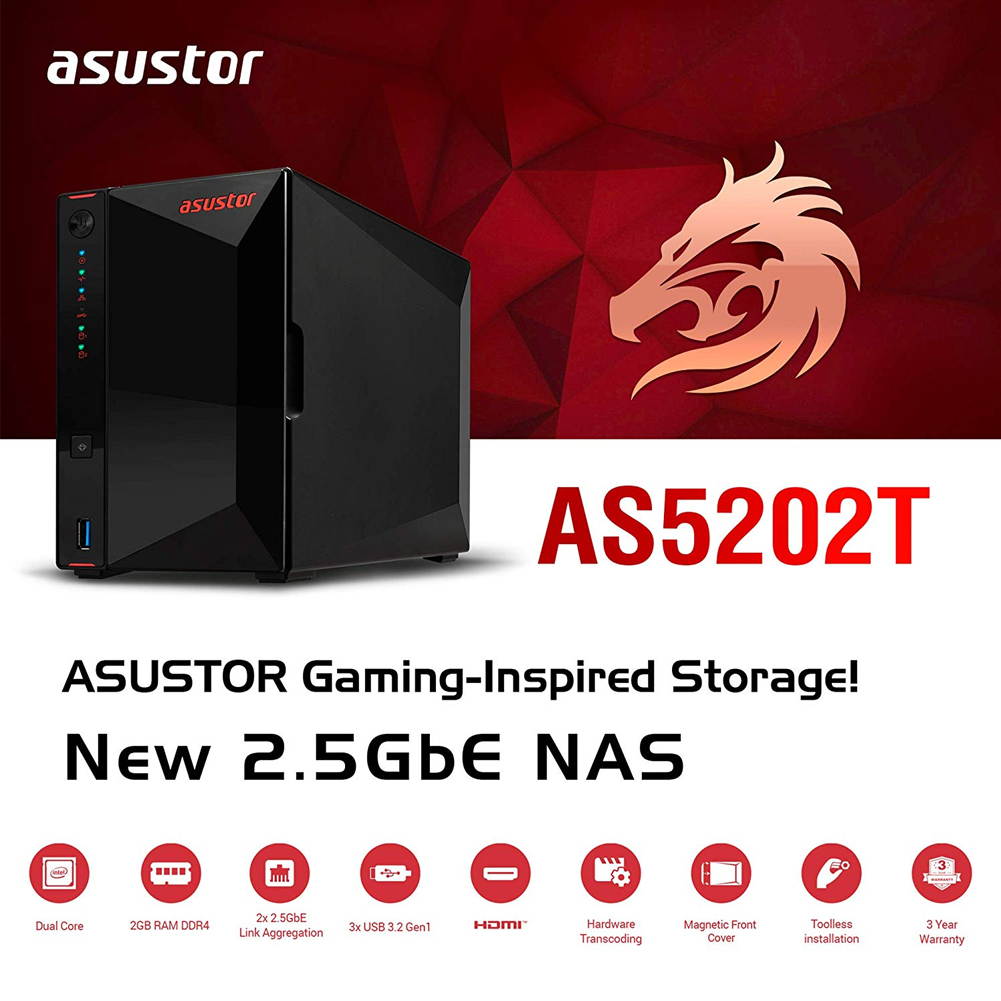 Asustor NAS AS5202T + 2TB WD Purple HDD (Two 1TB HDD Included)