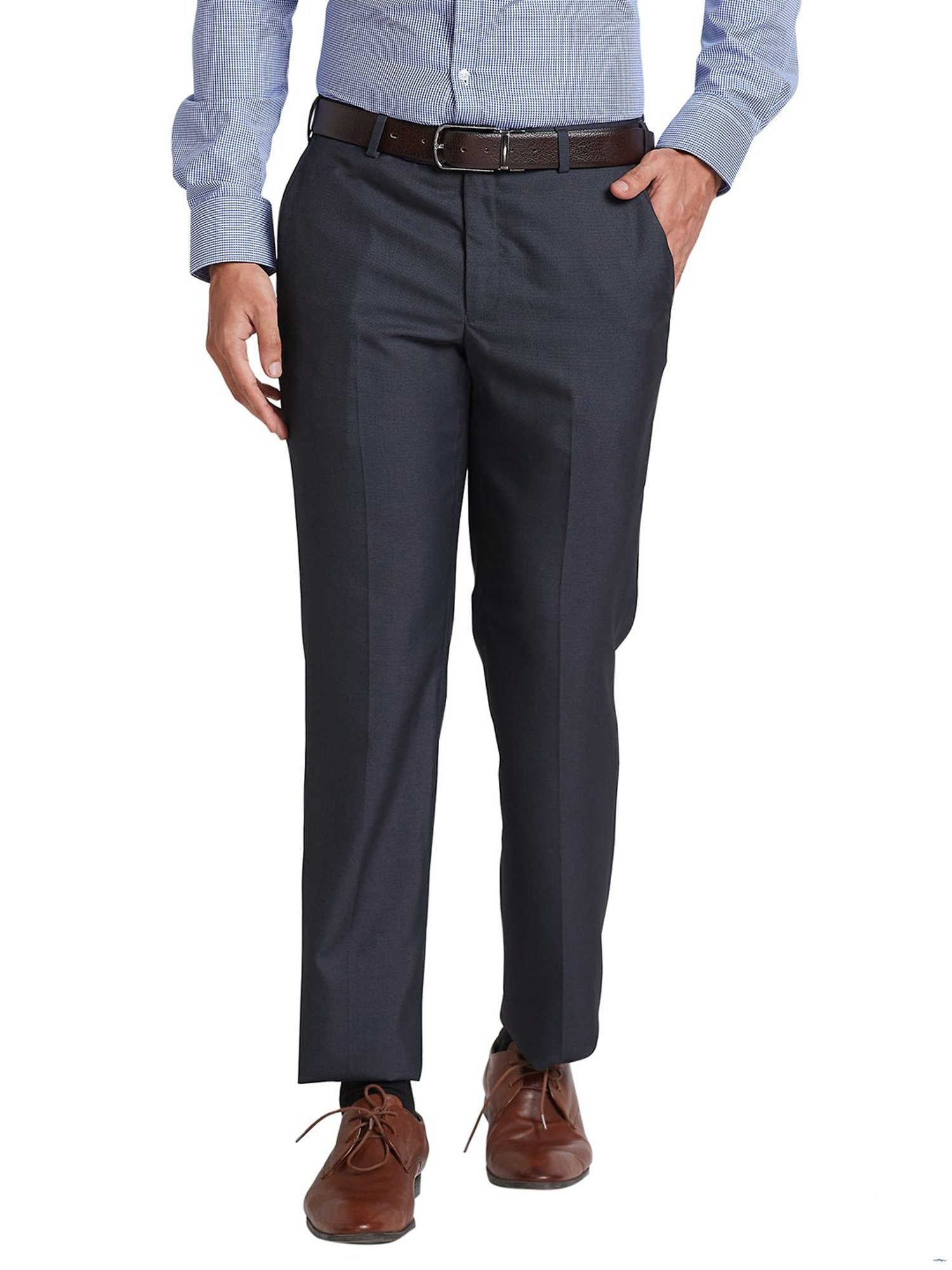 Park Avenue Dark Grey Regular Fit Self Design Flat Front Trousers