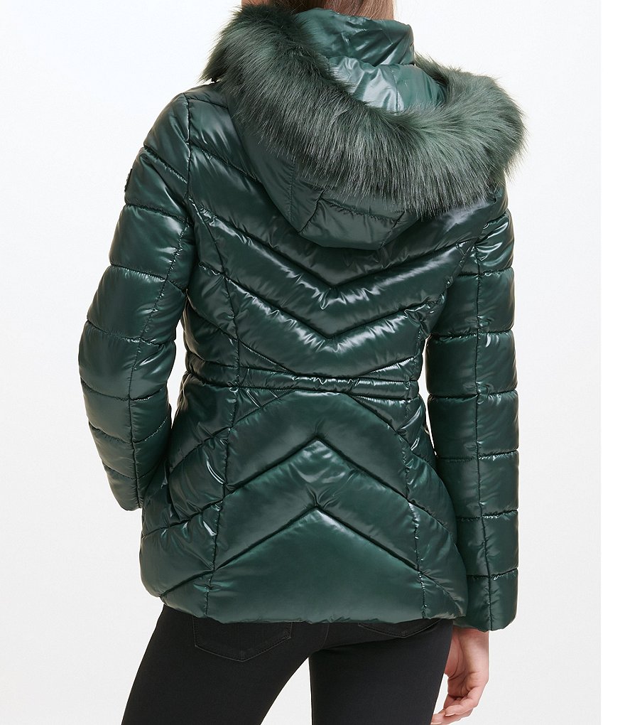 Kenneth Cole New York Water Resistant Faux Fur Trim Stand Collar Hooded Chevron Quilted Puffer Jacket