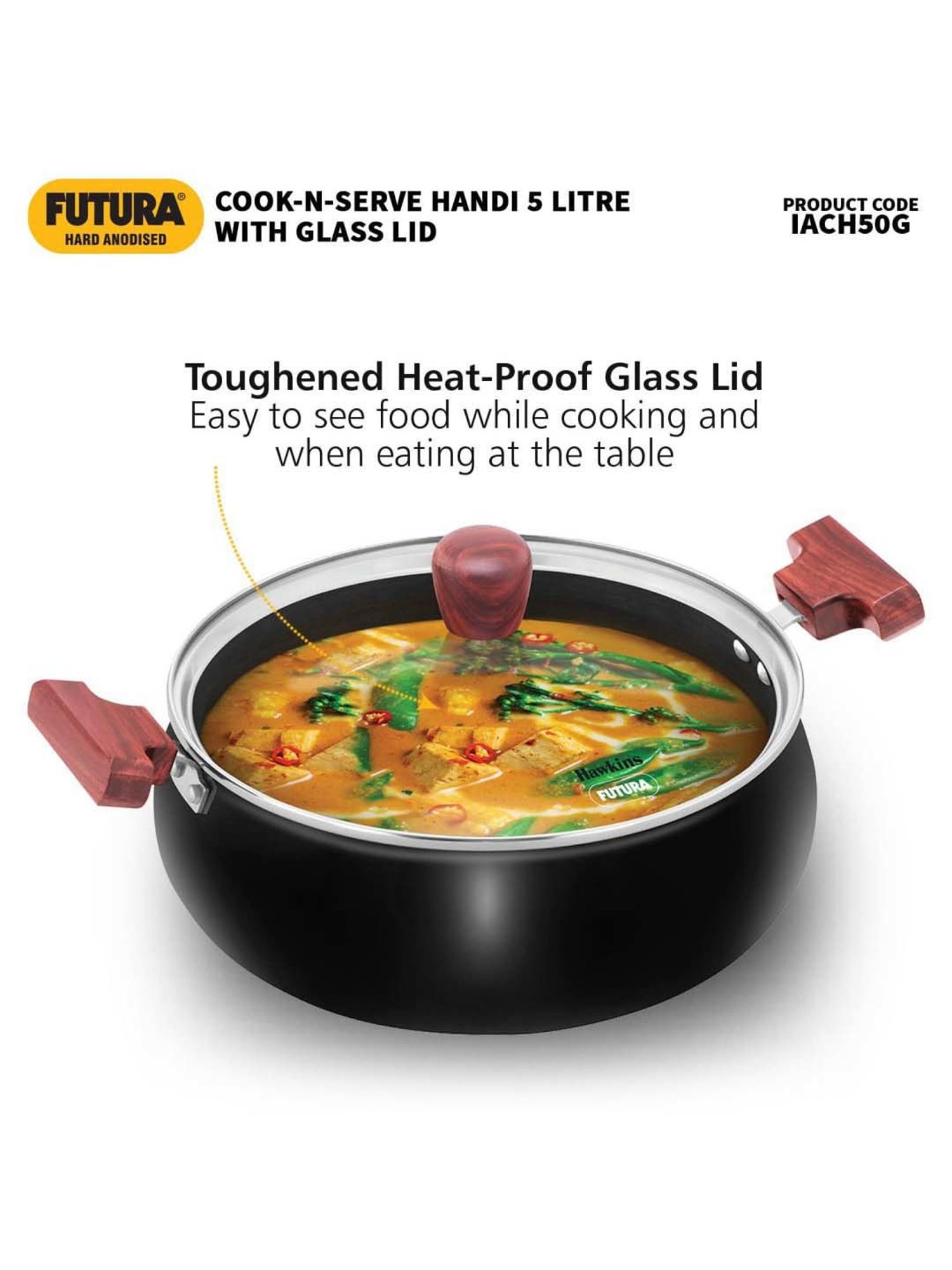 Hawkins Black Aluminium Induction Futura Hard Anodised Biryani Handi Pan With Glass Lid (5 L)