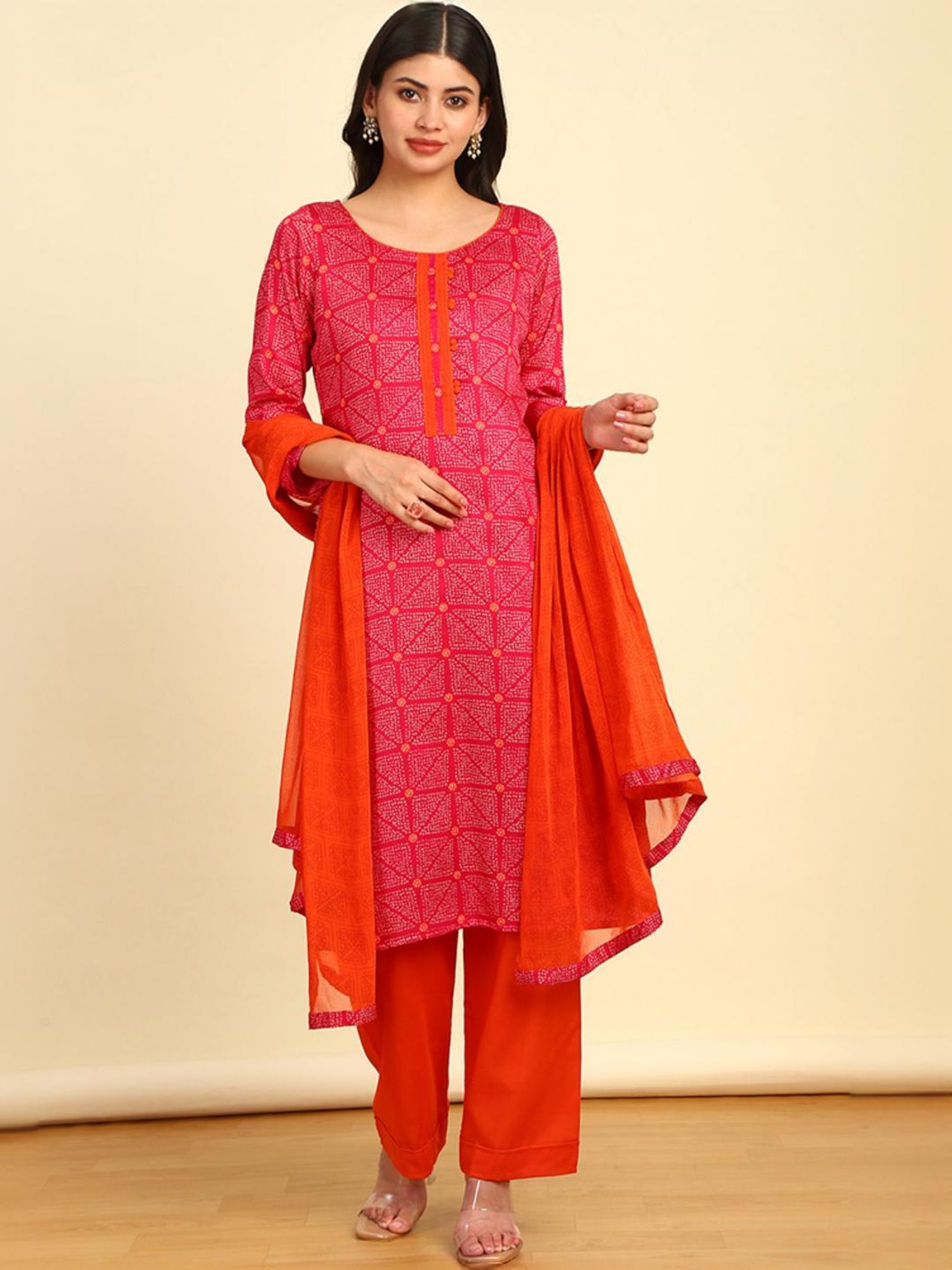 Soch Womens Fuchsia Bandhani Print Cotton Unstitched Dress Material