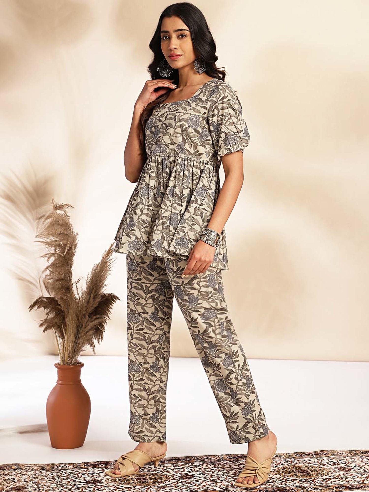 Janasya Beige Cotton Floral Print Top Pant Set