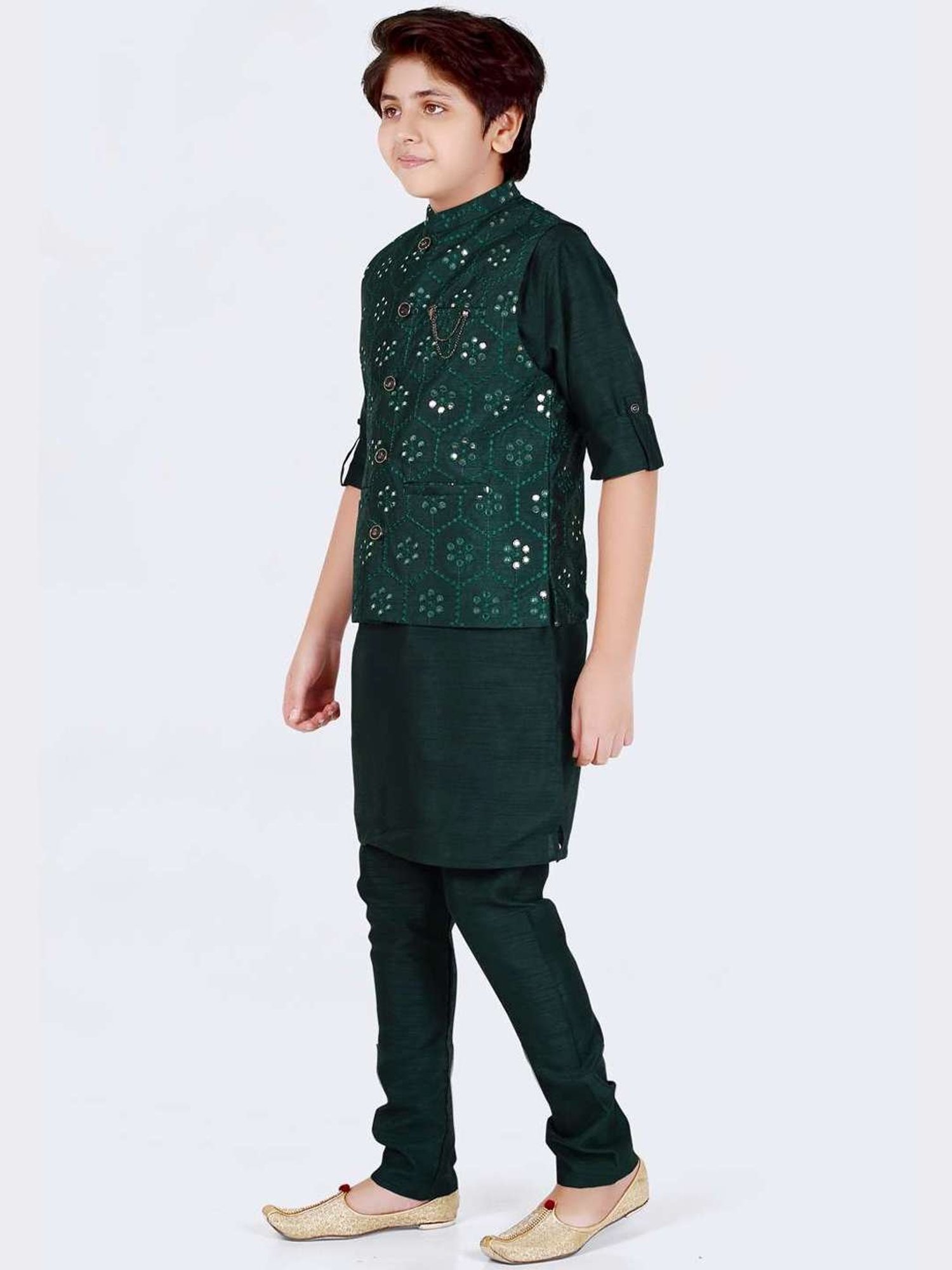 Cavio Kids Green Embellished Full Sleeves Kurta Set