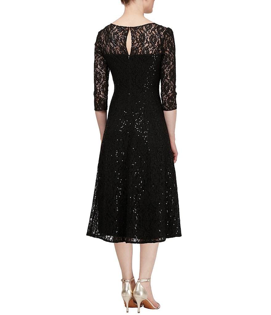 Ignite Evenings Petite Size Round Neck 3/4 Sleeve Tea Length Sequin Lace Dress