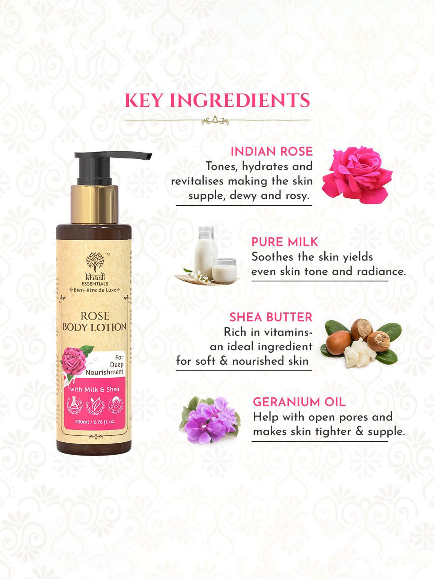 Khadi Essentials Rose Body Lotion with Milk & Shea Helps in Deep Nourishment - 200 ml