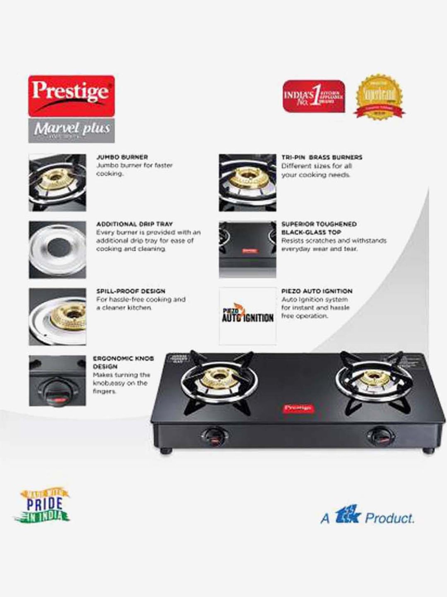 Prestige Marvel Plus GTM02 AI 2 Burners Glass Top Gas Stove (Black)