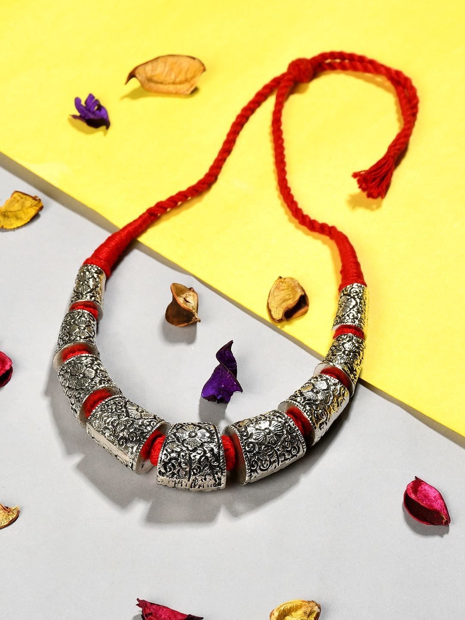 Imli Street Silver Tone Handcrafted Thread Necklace