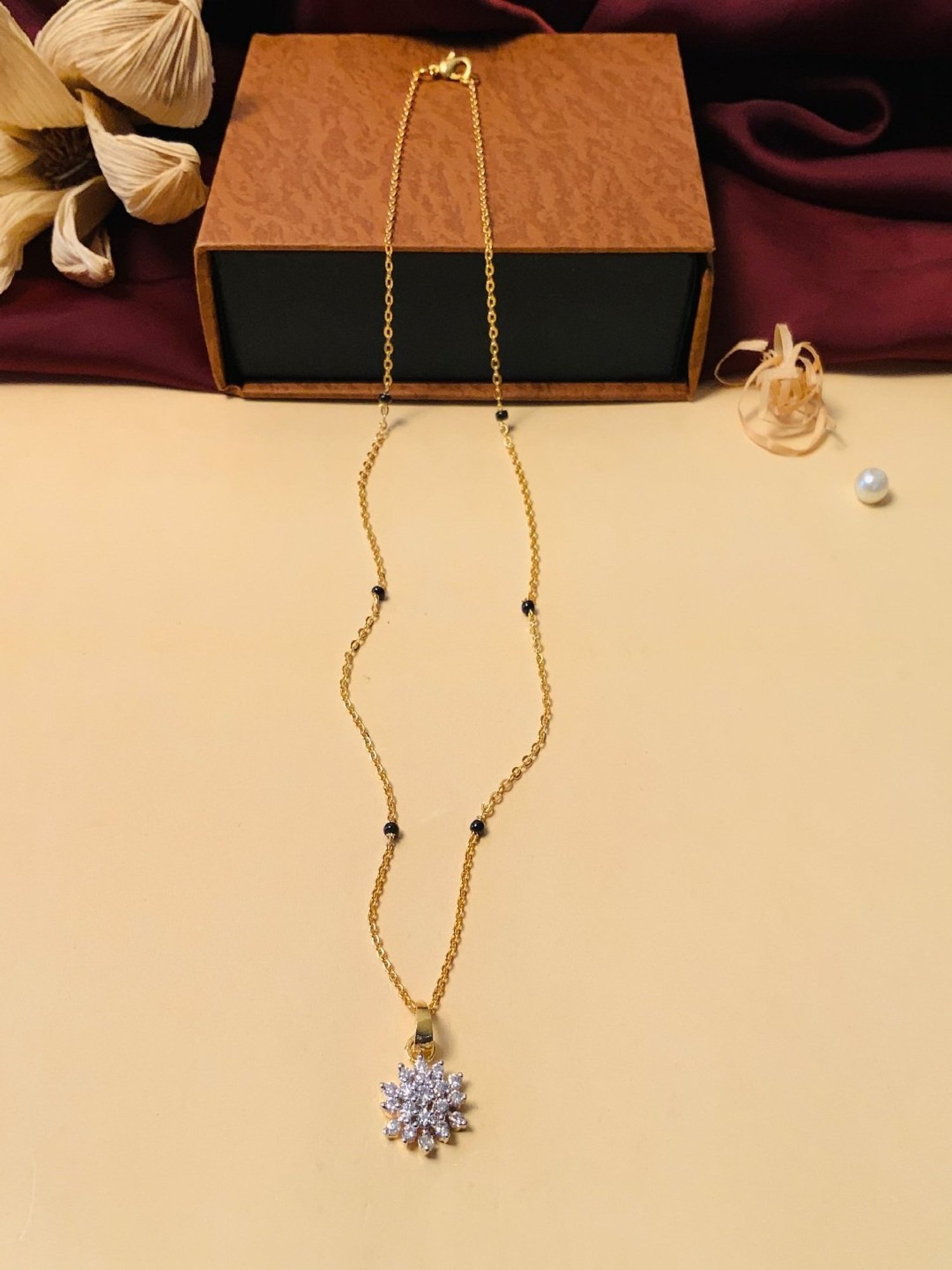 Abdesigns Gold-Plated American Diamond & Black Beaded Mangalsutra