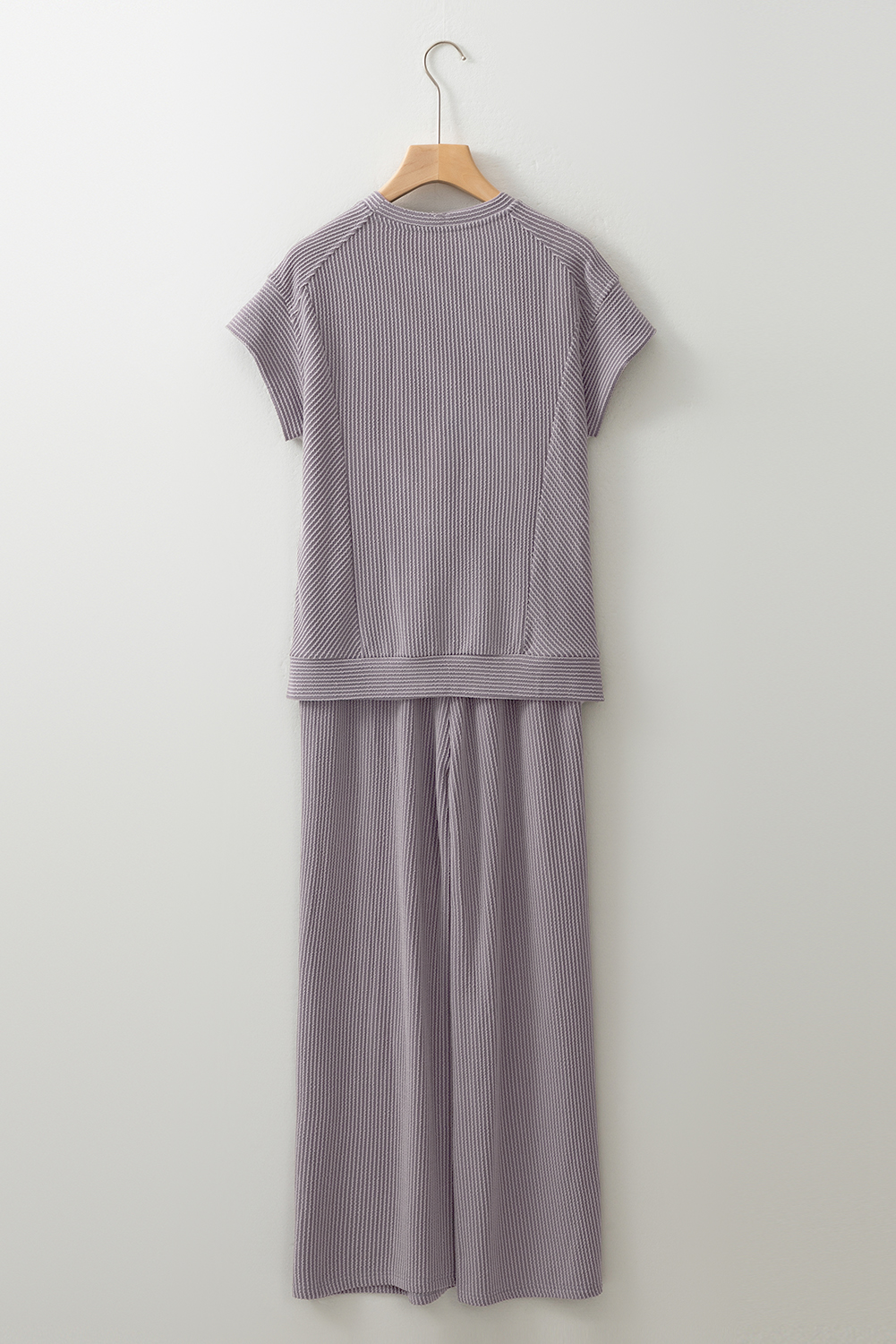 Green Solid Color Quilted Long Sleeve Top and Wide Leg Pants Set