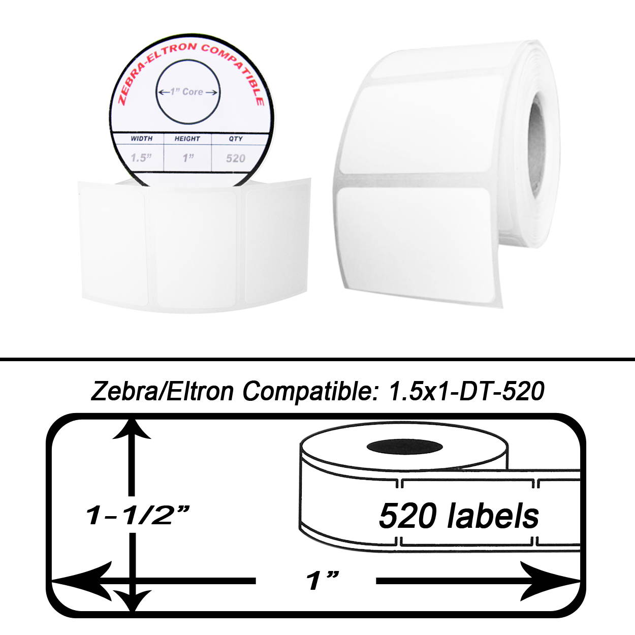 Zebra/Eltron-Compatible 1.5 x 1 Labels (1-1/2" x 1") -- BPA Free! (1 Roll; 520 Labels per Roll)