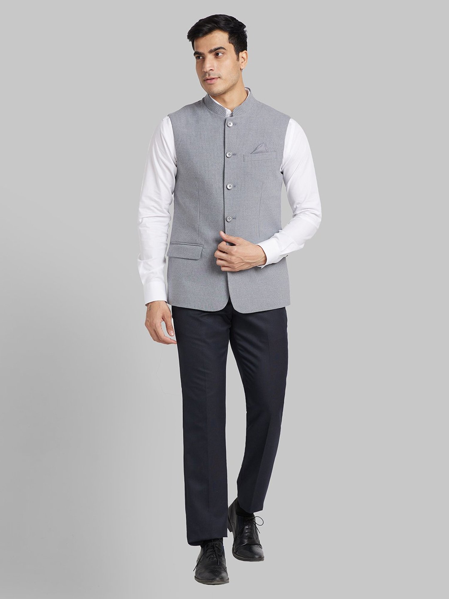 Park Avenue Grey Slim Fit Striped Nehru Jacket