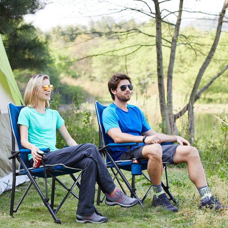 Timber Ridge Indoor Outdoor Portable Lightweight Folding Camping High Back Lounge Chair with Cup Holders and Carry Bags, Blue (2 Pack)