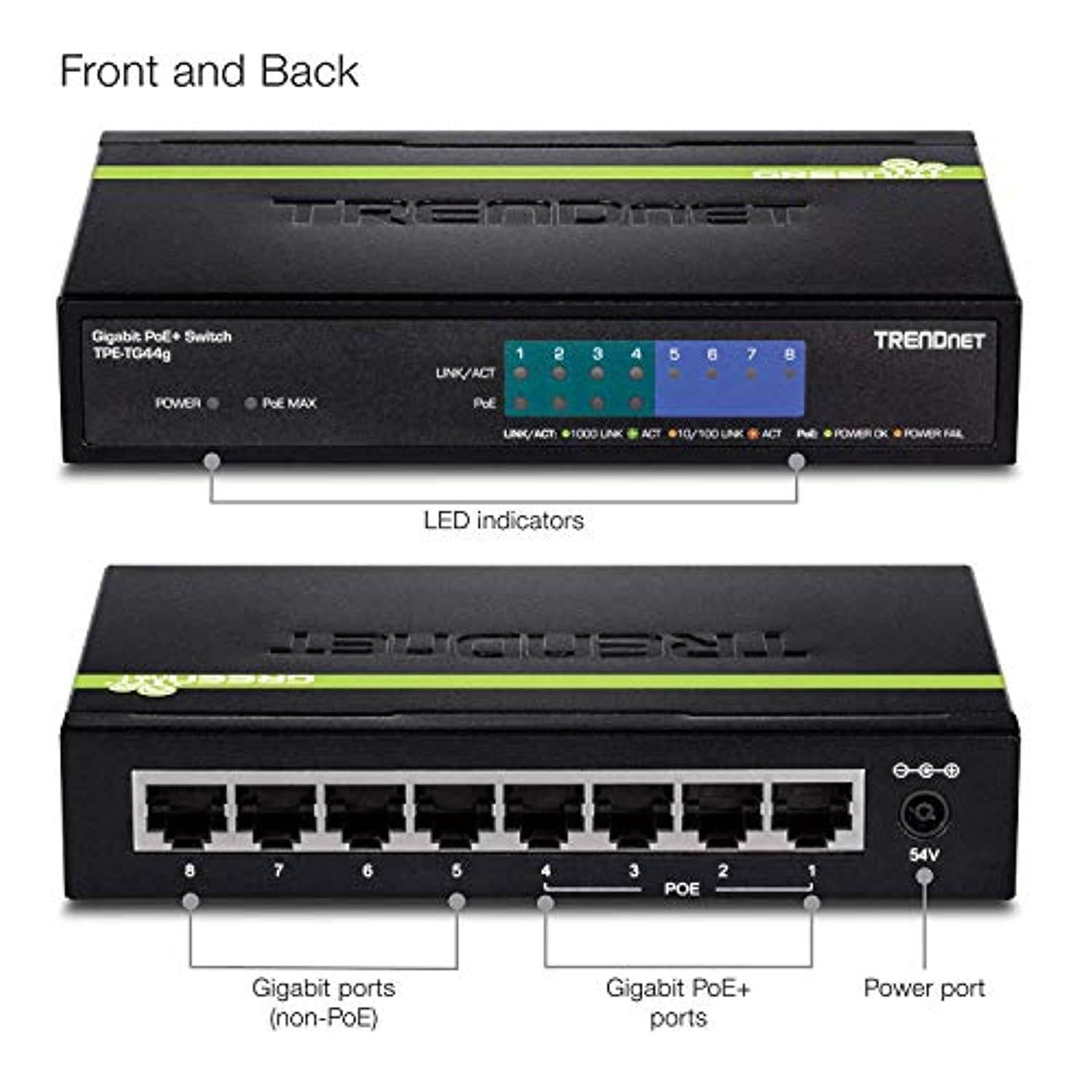 TRENDnet 8-Port Gigabit GREENnet PoE+ Switch,TPE-TG44G, 4 x Gigabit PoE/PoE+ Up to 30 Watts/Port, 4 x Gigabit, 61W Power Budget, 16 Gbps Switch Capacity, Ethernet Unmanaged Switch, Lifetim (TPE-TG44G)